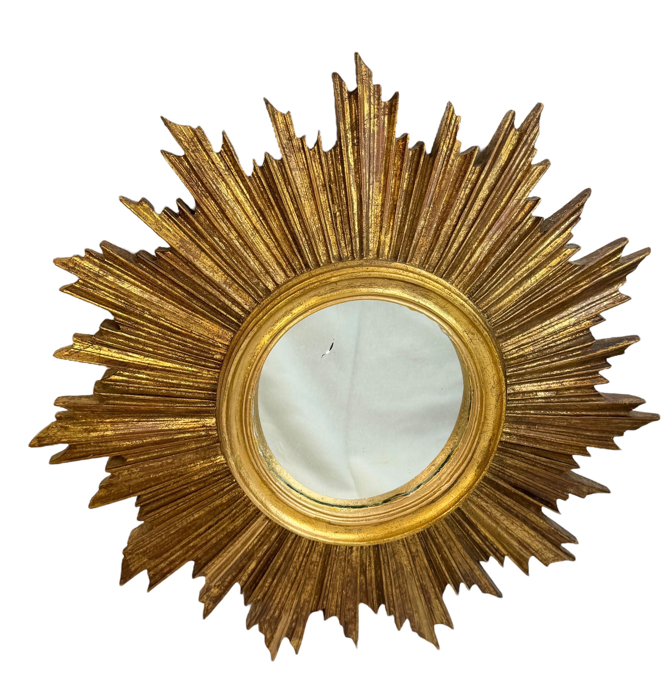 Belgian Beautiful Starburst Sunburst Gilded Resin Convex Mirror Belgium, circa 1970s For Sale