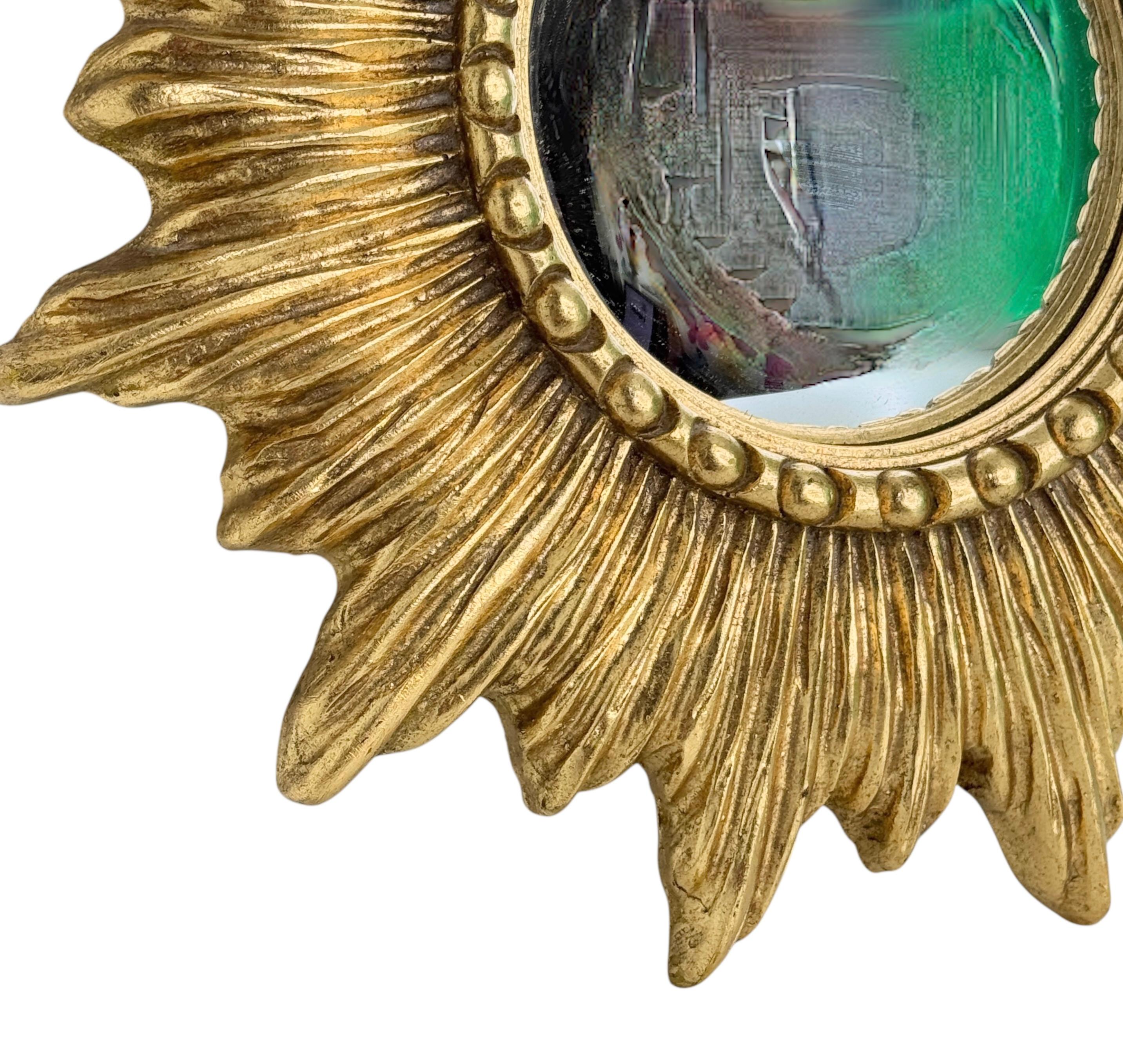 Belgian Beautiful Starburst Sunburst Gilded Resin Convex Mirror Belgium, circa 1970s For Sale