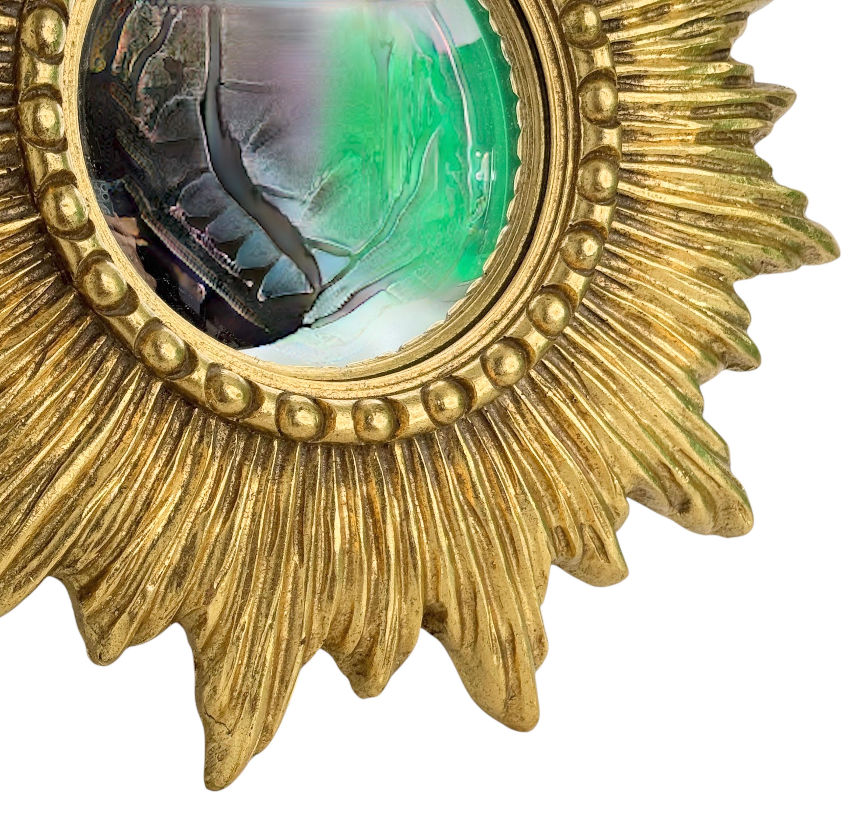 Gilt Beautiful Starburst Sunburst Gilded Resin Convex Mirror Belgium, circa 1970s For Sale