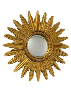 Magnifique miroir convexe en résine dorée, motif « Starburst » et « Sunburst », France, CIRCA les années 1960
