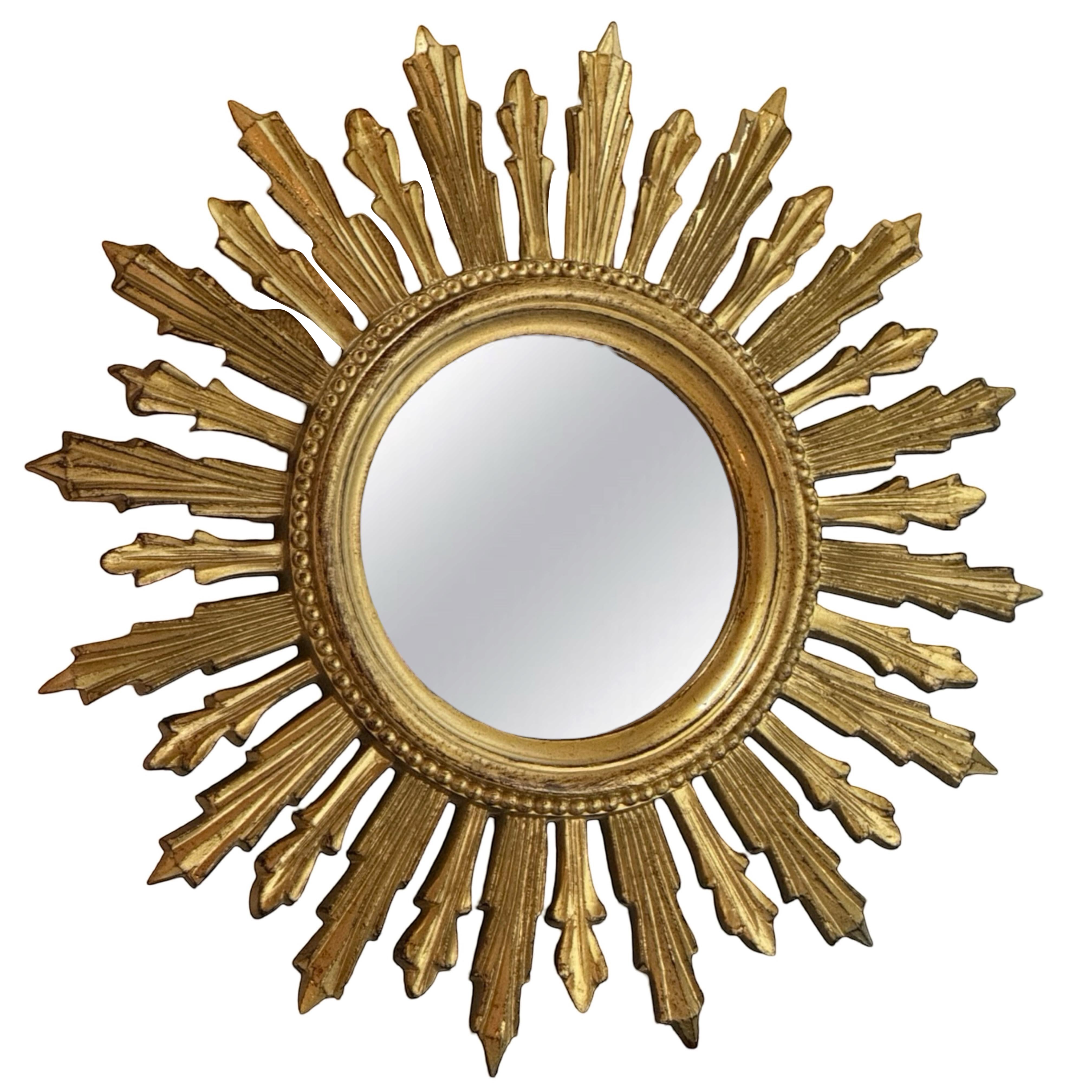 Bellissimo specchio "Starburst Sunburst" in plastica dorata, prodotto in Italia, anni '60 circa