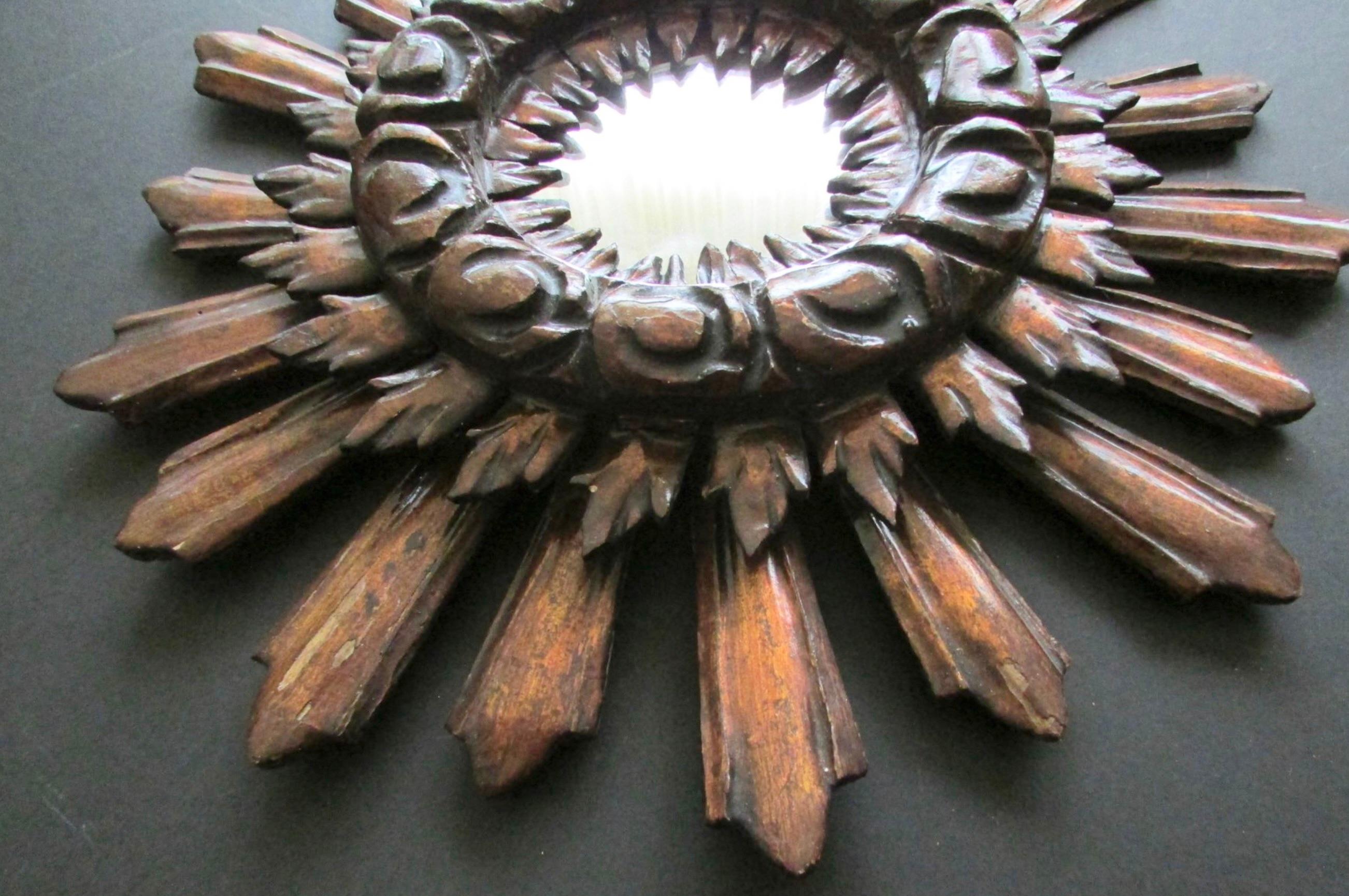 French Beautiful Starburst Sunburst Wood Mirror France, circa 1910s For Sale
