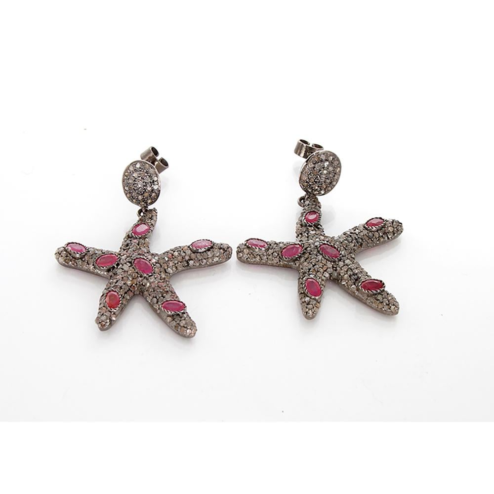 Beautiful Sterling Silver, Black Diamond, and Ruby Earrings In New Condition For Sale In Dallas, TX