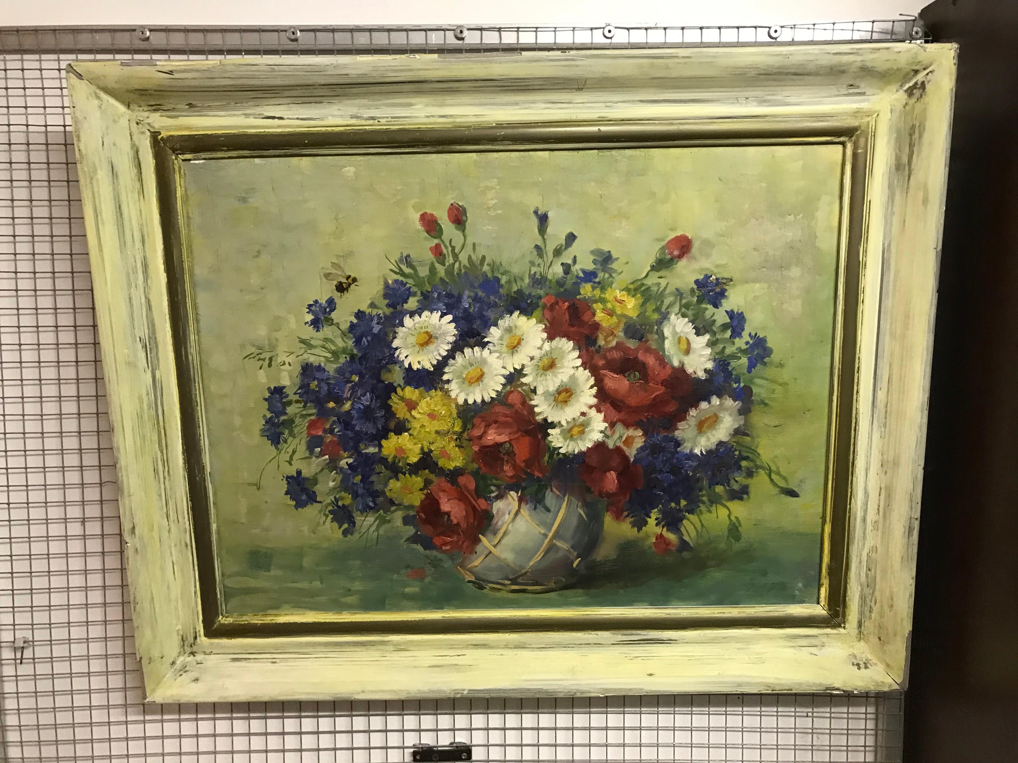 Beautiful still life with lots of flowers and
 A shabby chic frame
Oil on canvas
Painting signed.