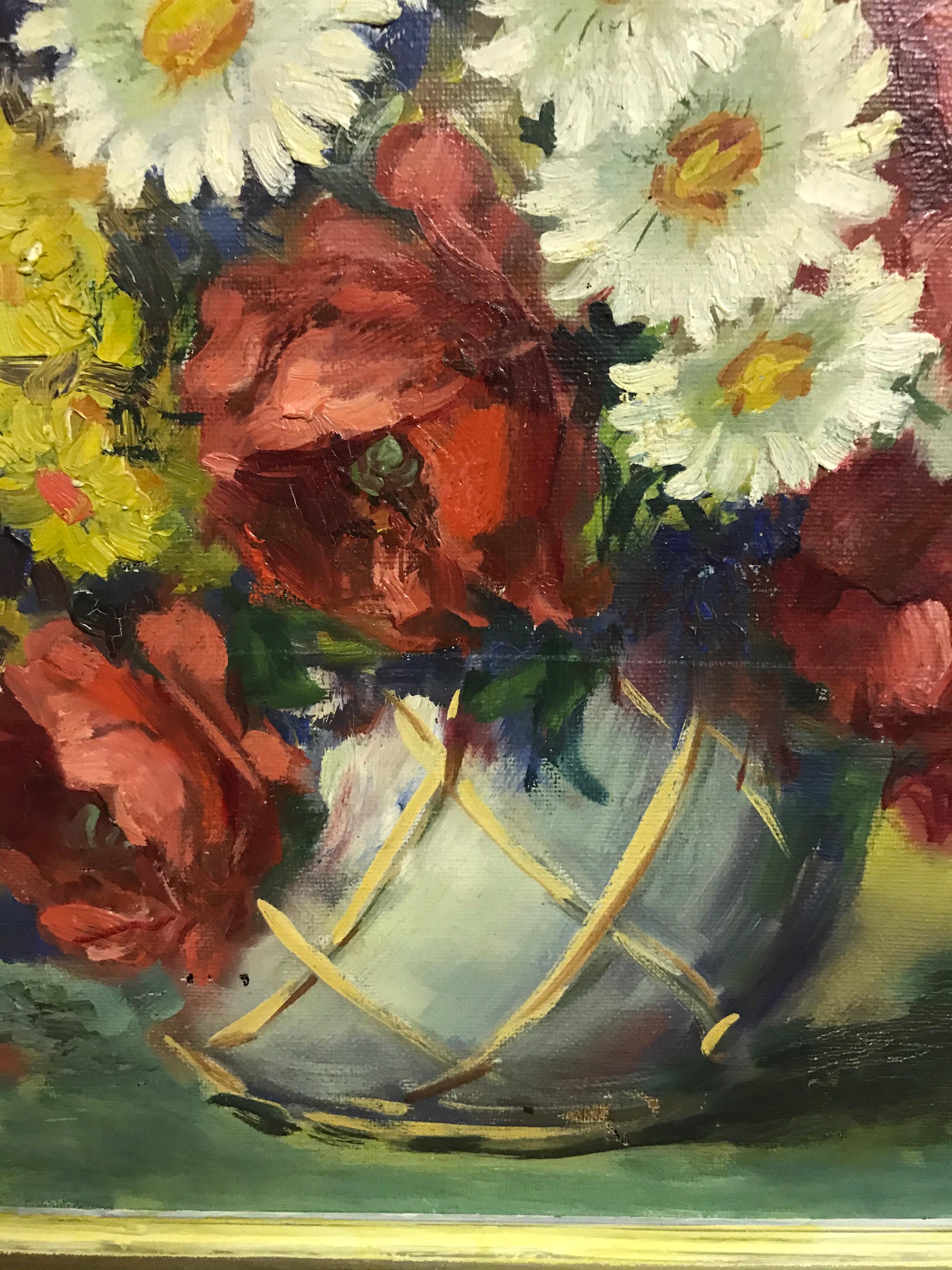 Beautiful Still Life Painting Flowers Colorful 20th Century Canvas For Sale 1