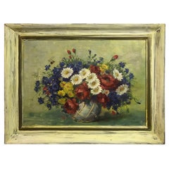 Precioso bodegón Pintura Flores Colorido Lienzo Siglo XX