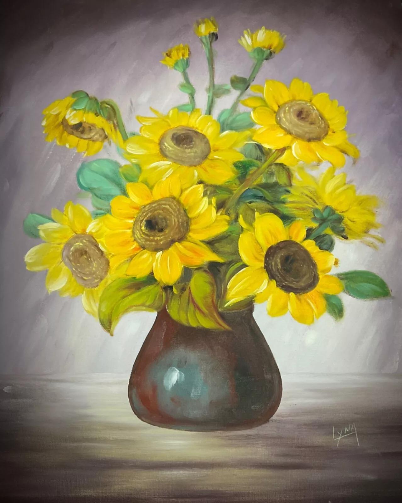 Este cautivador bodegón de girasoles es un óleo original sobre lienzo, firmado por la artista Lyna. Con sus vibrantes colores y su minucioso detalle, esta pieza aporta la calidez y la belleza de los girasoles a cualquier habitación. El cuadro está