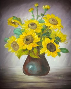 Beautiful Still Life Sunflower Oil Painting on Canvas, Signed by Lyna - 2Y342