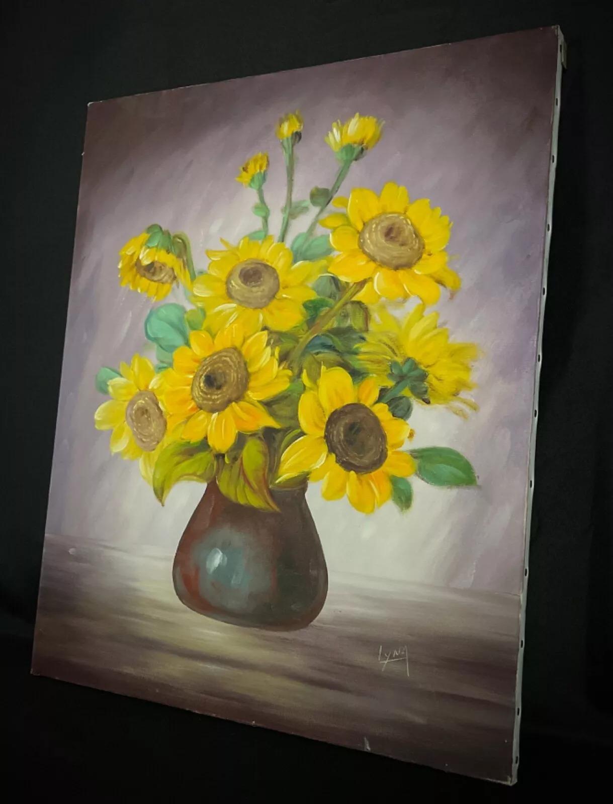 Precioso bodegón girasol Pintura al óleo sobre lienzo, firmado por Lyna - 2Y342 en Bueno estado para la venta en Bordeaux, FR