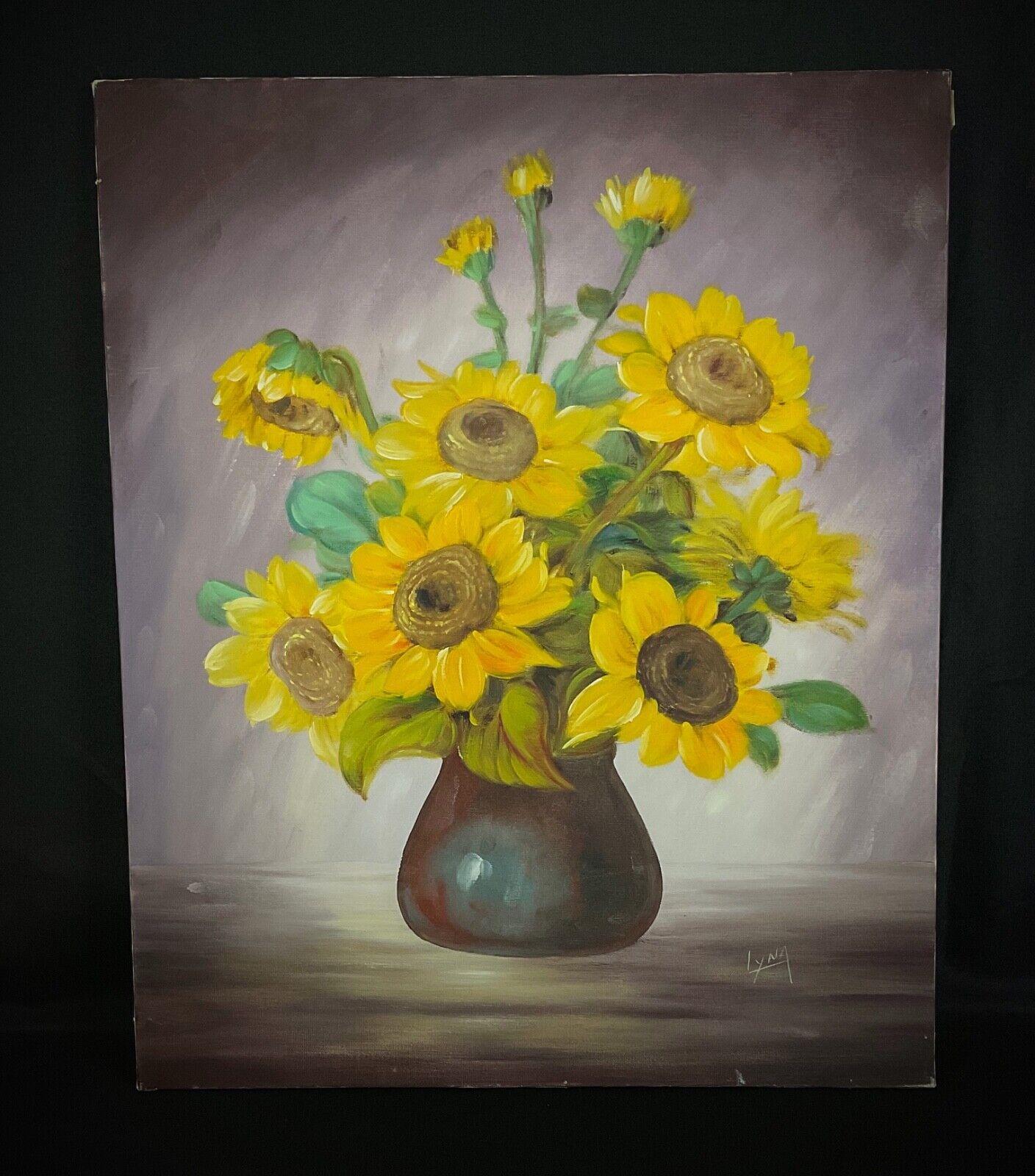 Precioso bodegón girasol Pintura al óleo sobre lienzo, firmado por Lyna - 2Y342 en venta 1