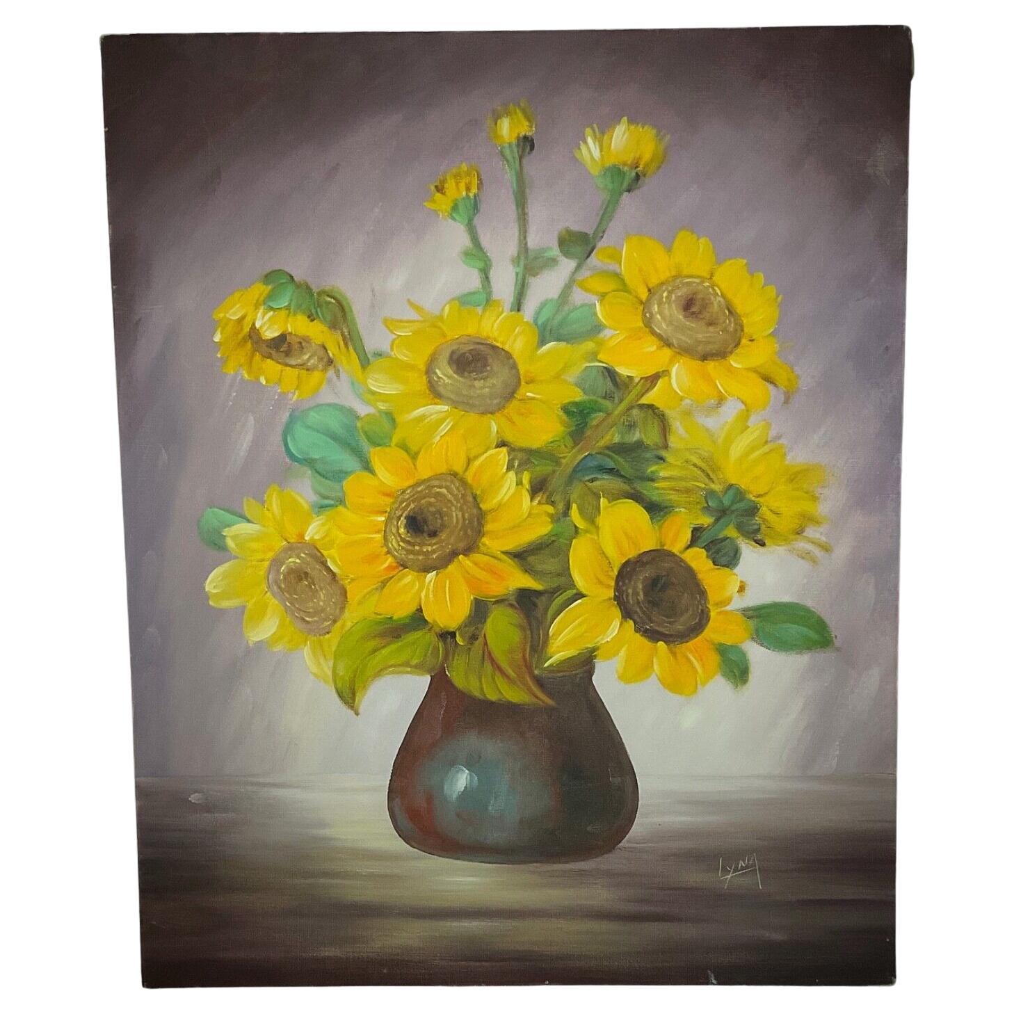 Precioso bodegón girasol Pintura al óleo sobre lienzo, firmado por Lyna - 2Y342