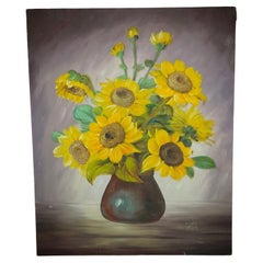 Precioso bodegón girasol Pintura al óleo sobre lienzo, firmado por Lyna - 2Y342