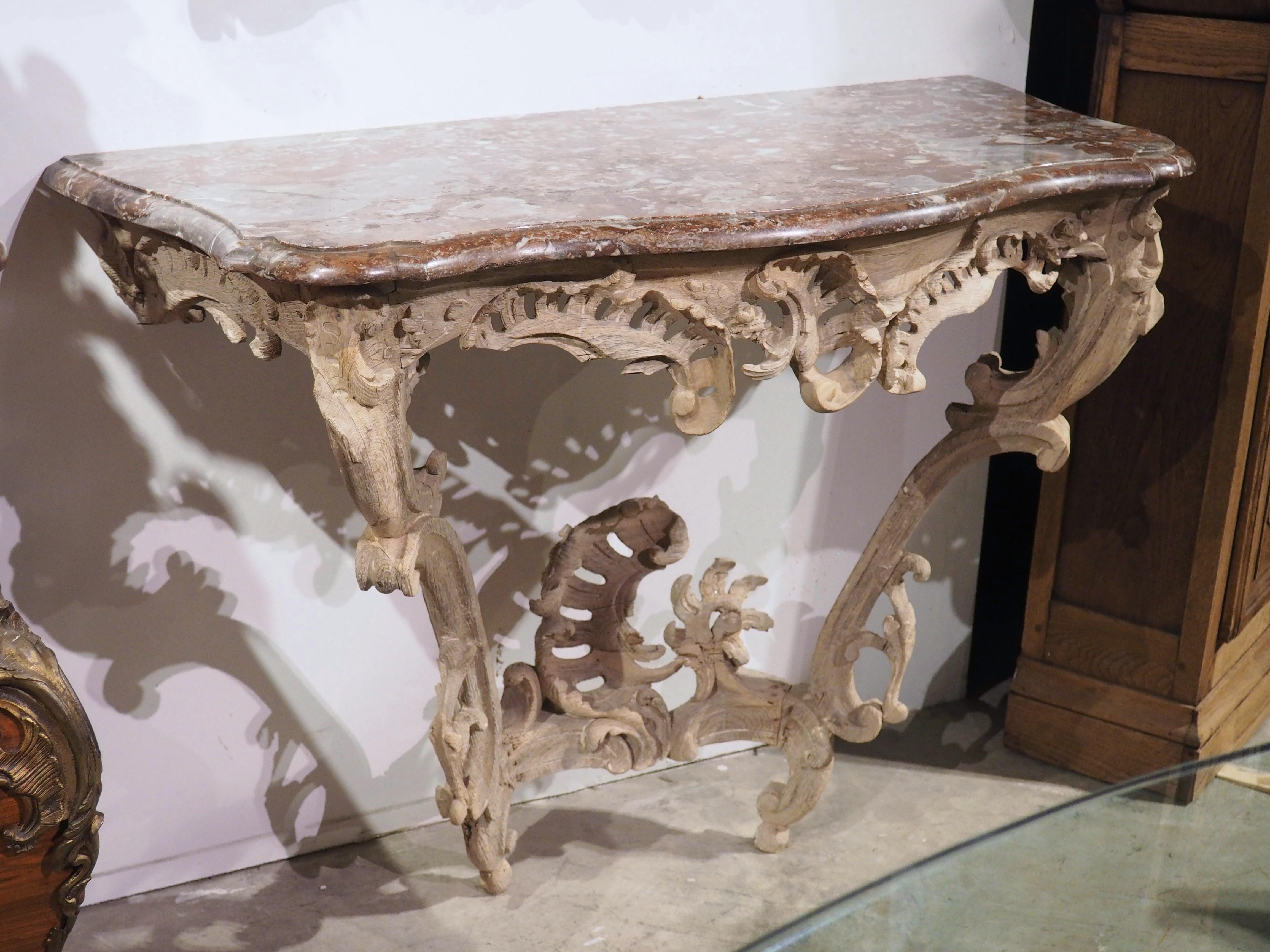 Circa 1750 Bleached Oak Rococo Console Table with Royal Flemish Red Marble Top For Sale 4