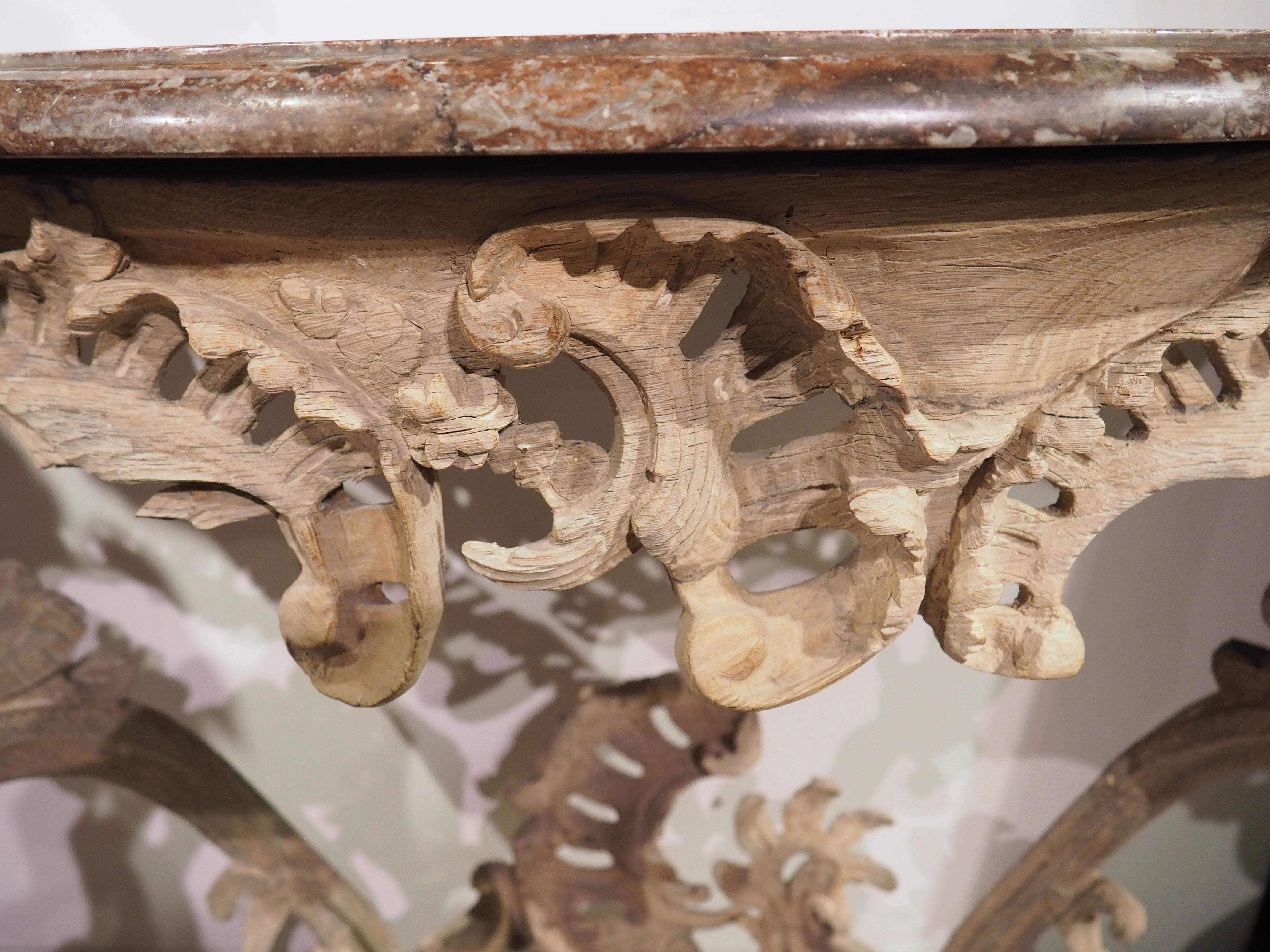 Circa 1750 Bleached Oak Rococo Console Table with Royal Flemish Red Marble Top For Sale 12