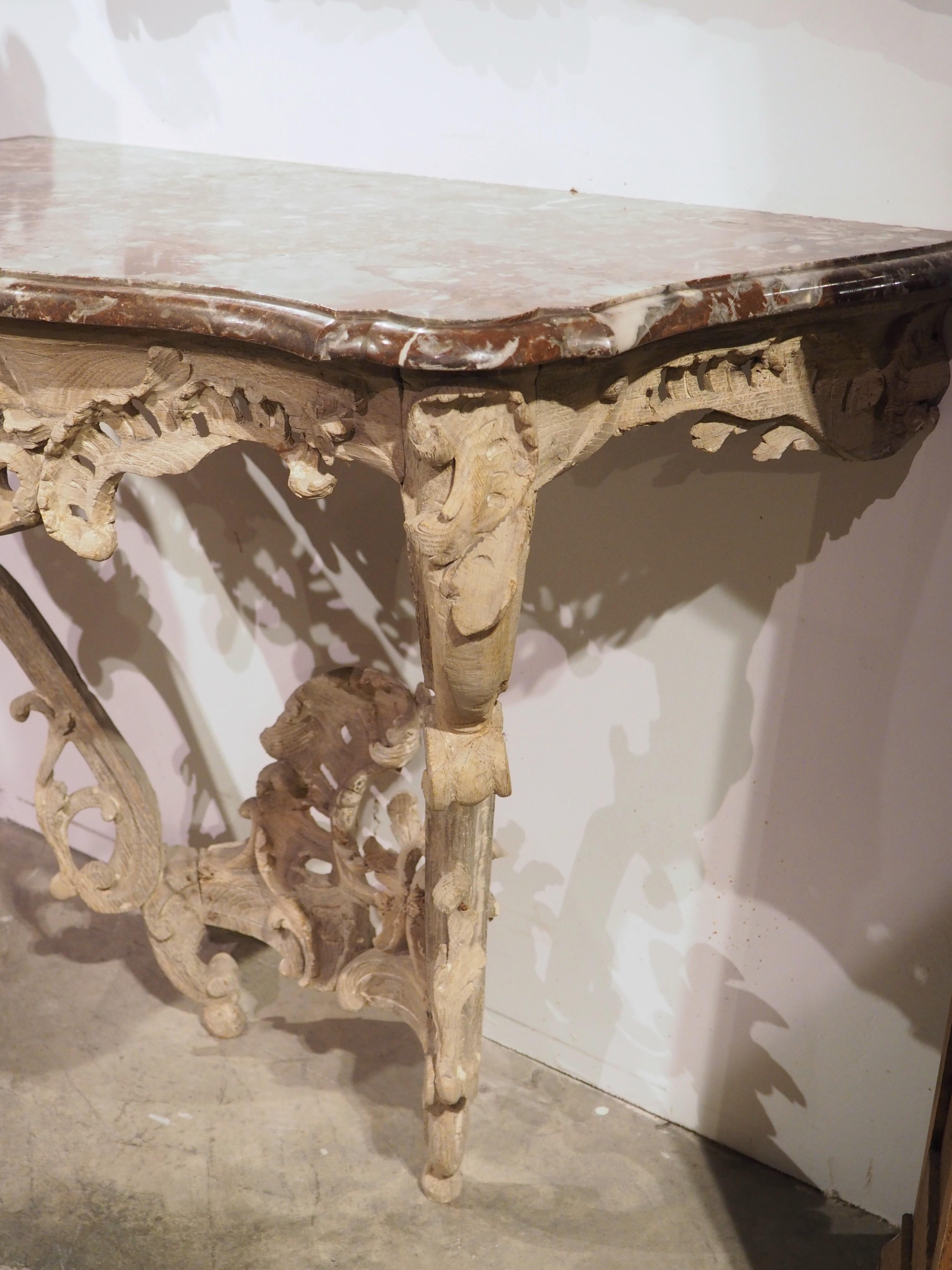 Circa 1750 Bleached Oak Rococo Console Table with Royal Flemish Red Marble Top For Sale 13