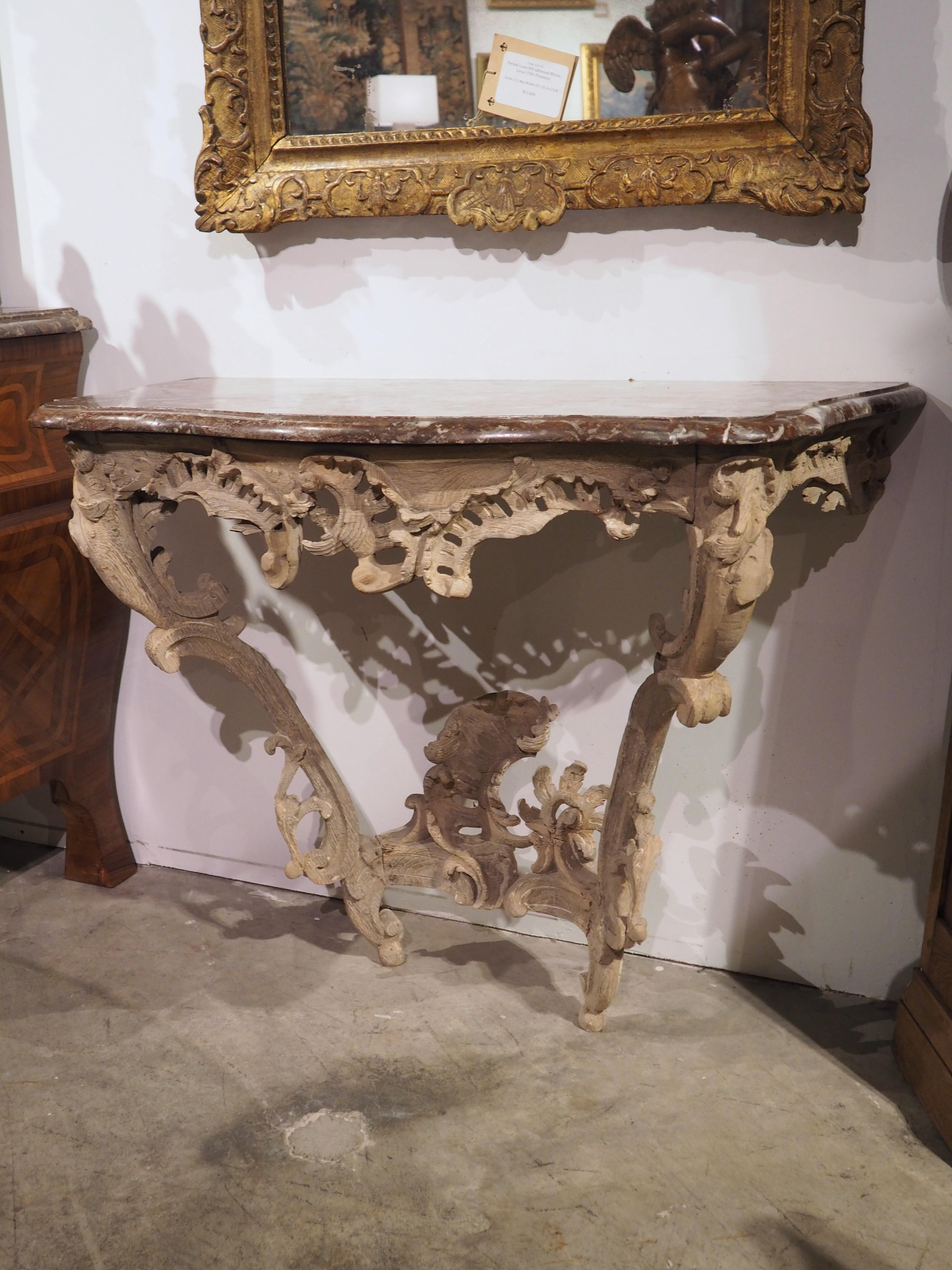 French Circa 1750 Bleached Oak Rococo Console Table with Royal Flemish Red Marble Top For Sale