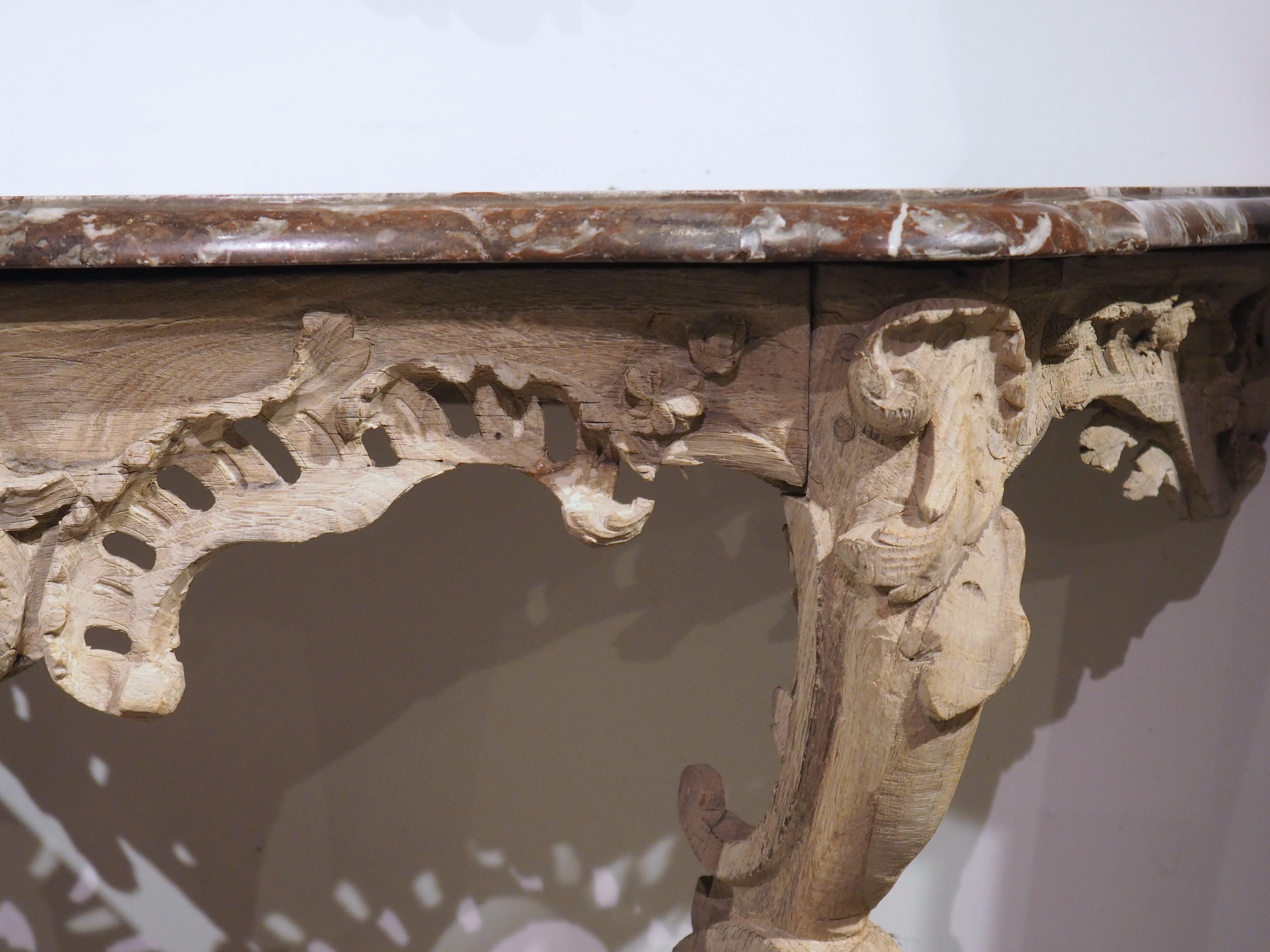 Circa 1750 Bleached Oak Rococo Console Table with Royal Flemish Red Marble Top In Good Condition For Sale In Dallas, TX