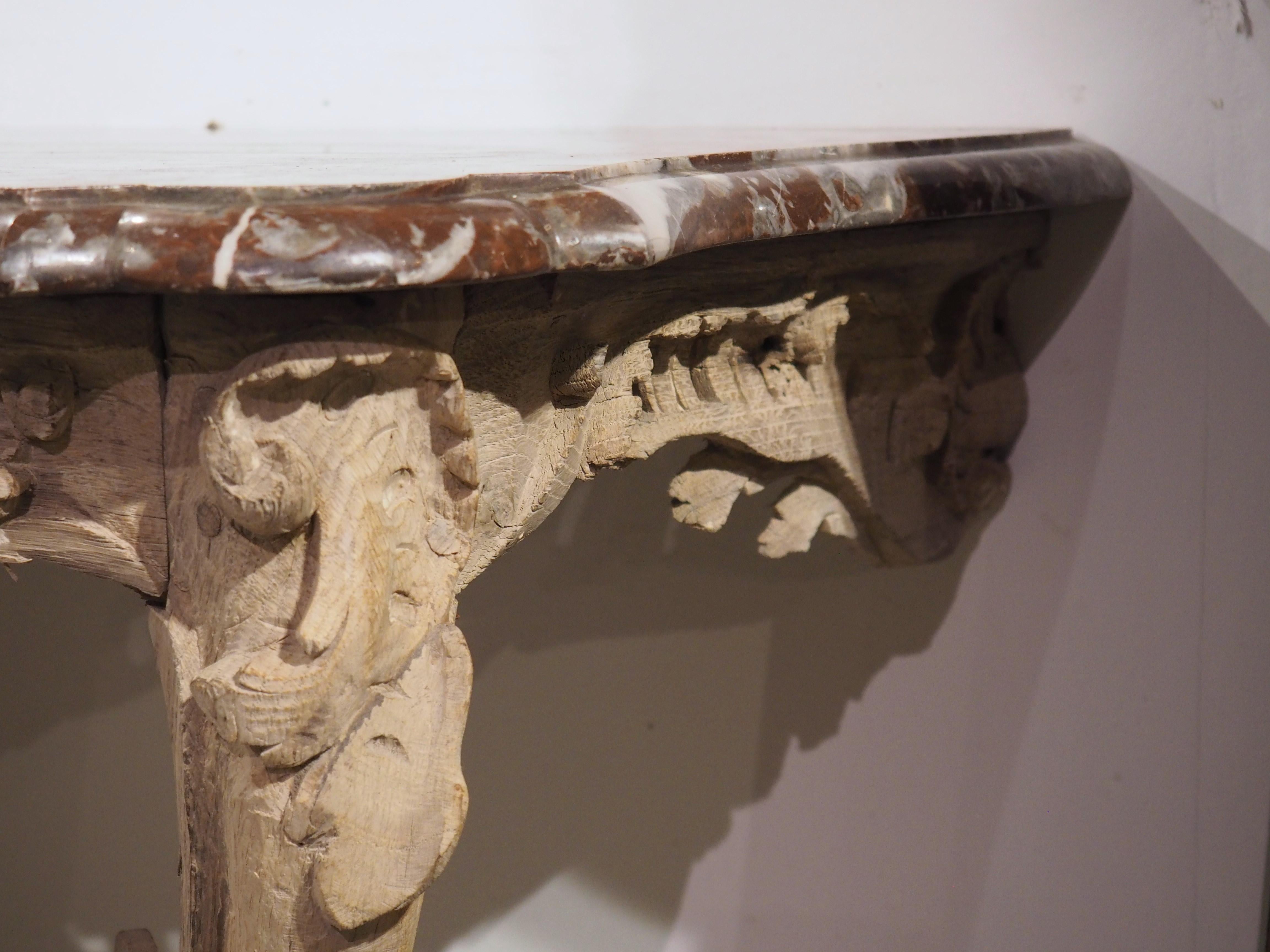 Circa 1750 Bleached Oak Rococo Console Table with Royal Flemish Red Marble Top In Good Condition For Sale In Dallas, TX