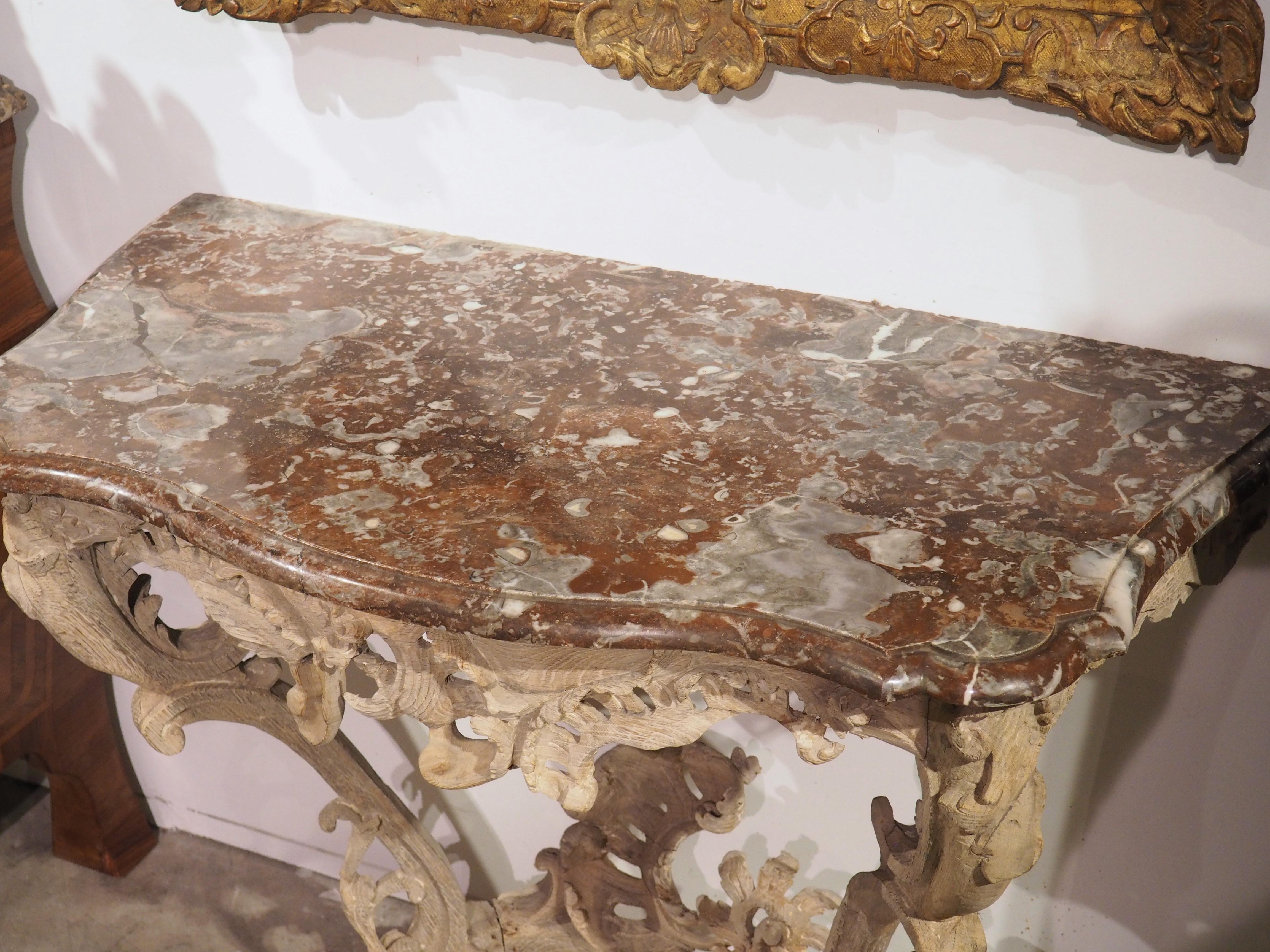 Circa 1750 Bleached Oak Rococo Console Table with Royal Flemish Red Marble Top For Sale 1