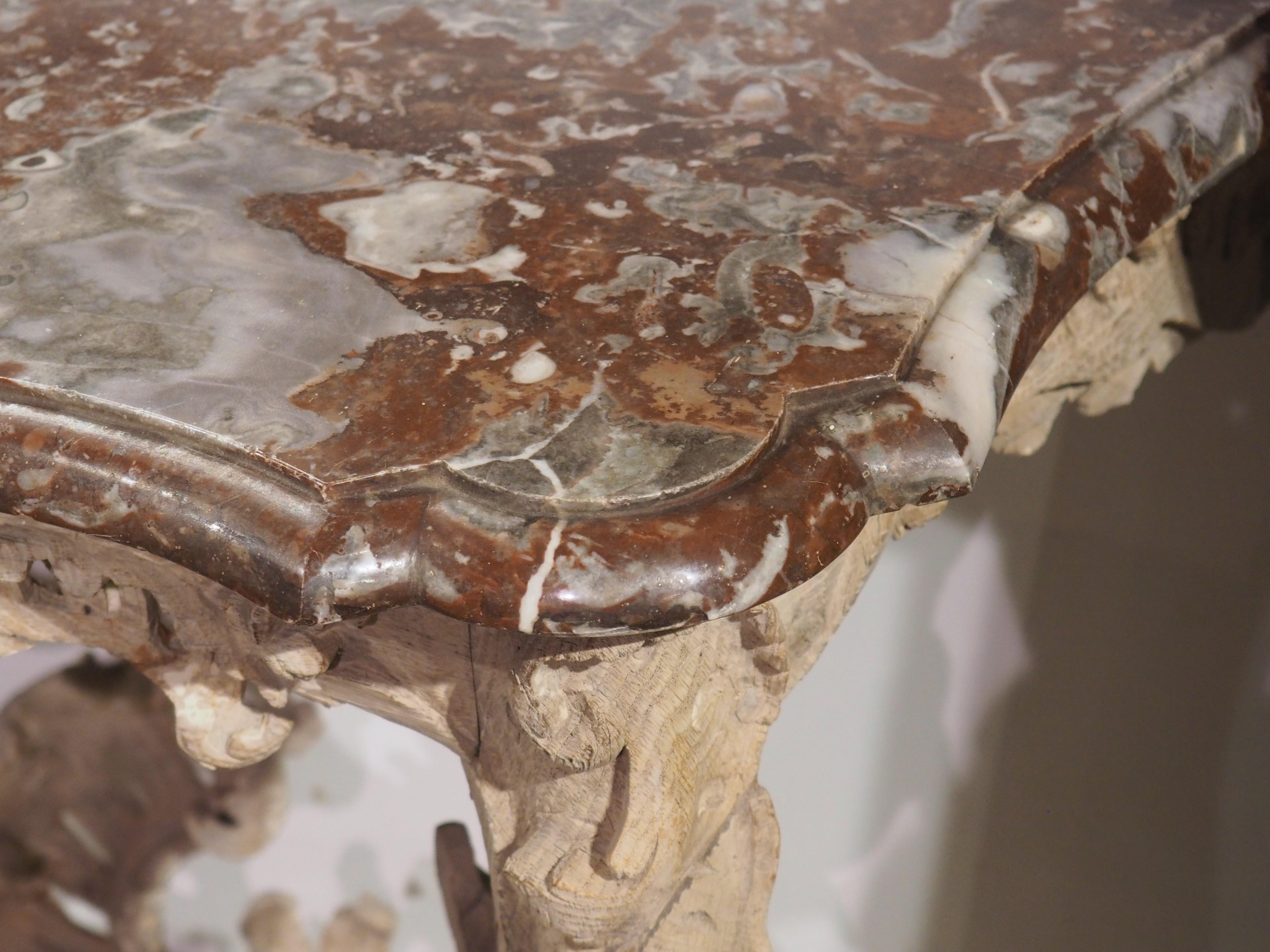 Circa 1750 Bleached Oak Rococo Console Table with Royal Flemish Red Marble Top For Sale 3