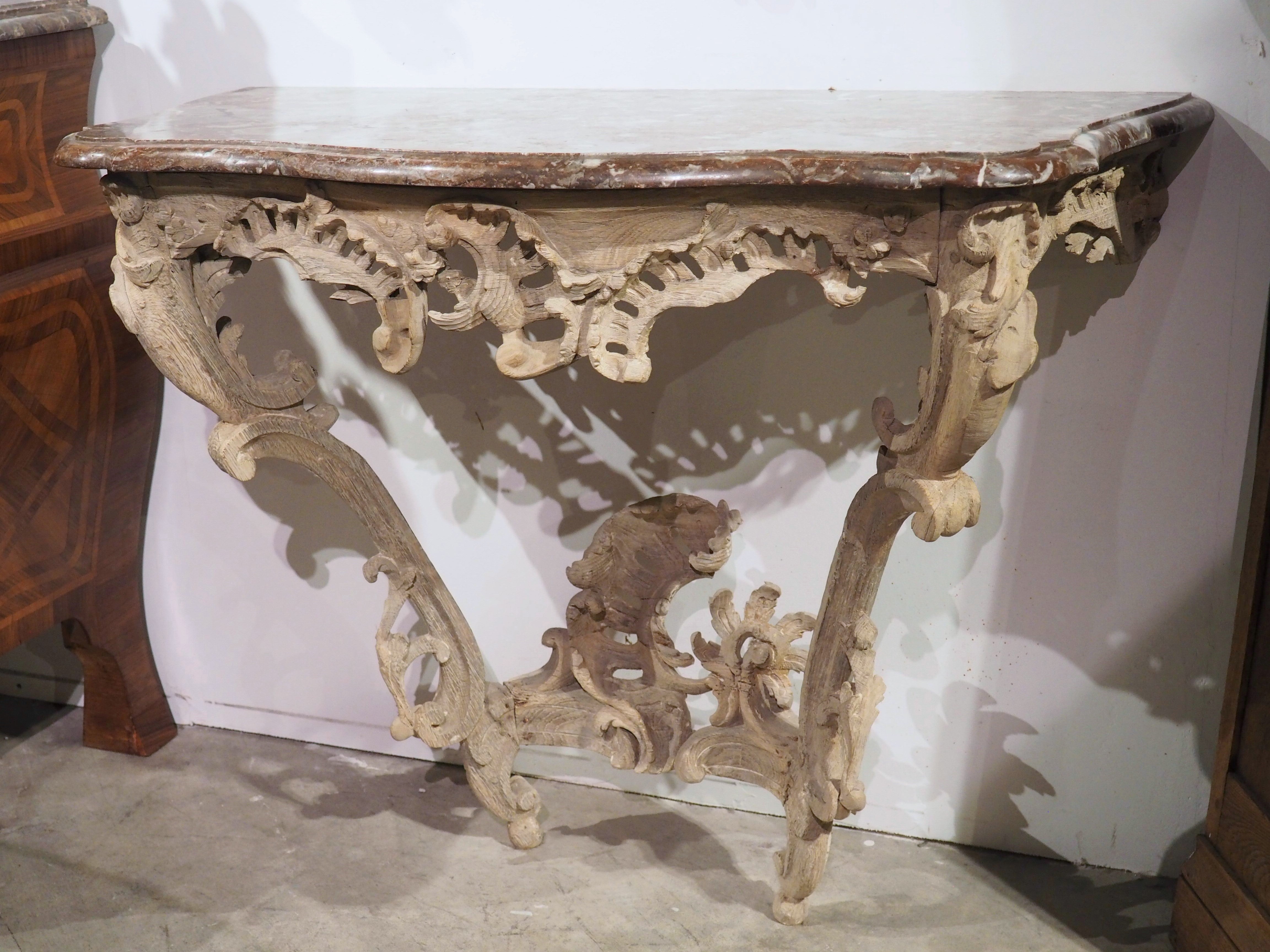 Circa 1750 Bleached Oak Rococo Console Table with Royal Flemish Red Marble Top For Sale