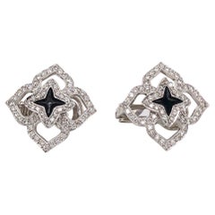 Beautiful Stud Flower Diamond Earrings with Black Enamel 0.99 Carat in 18K Gold