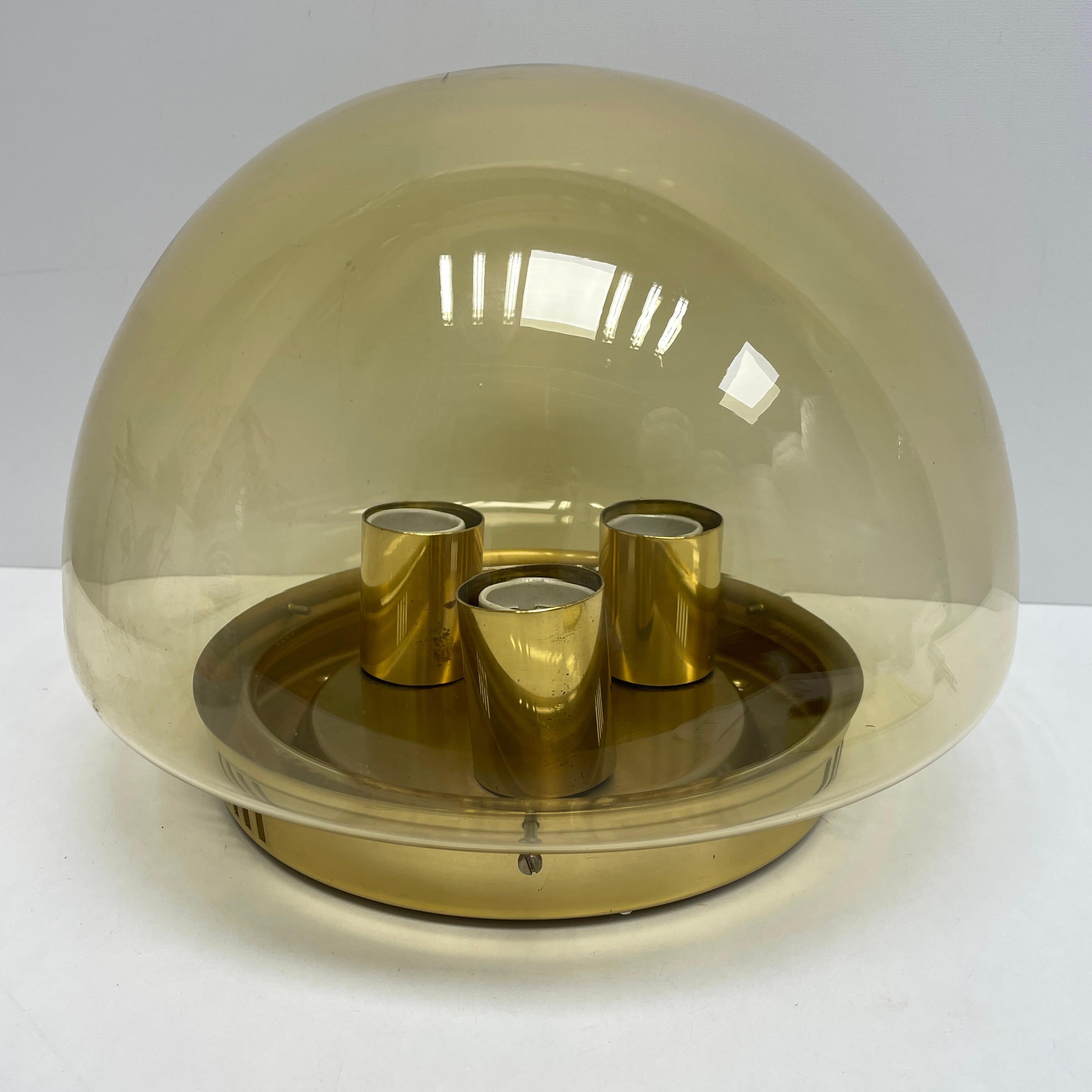 Mid-Century Modern Beautiful Stunning Large Amber Glass and Brass Glashuette Limburg Flush Mount For Sale