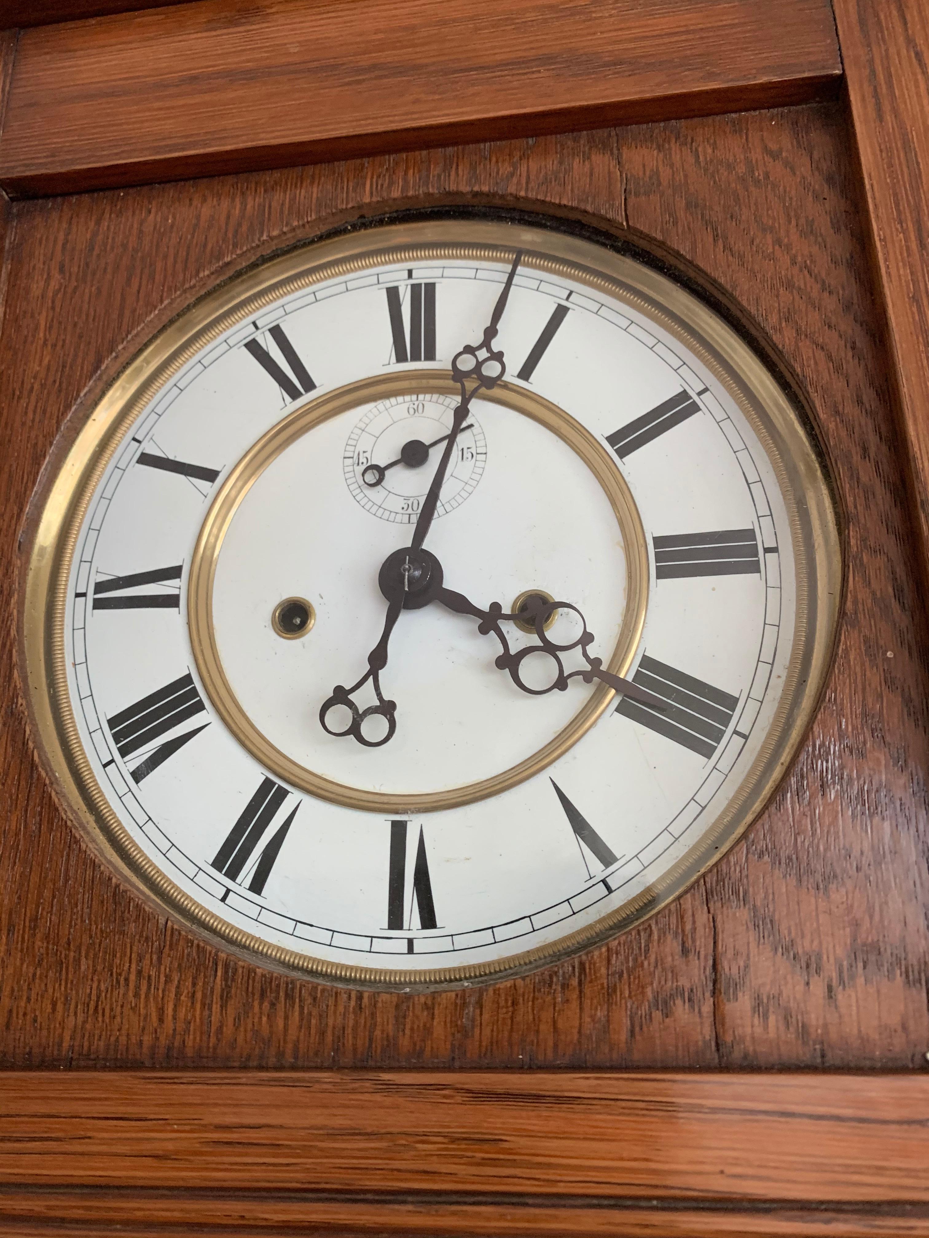 Enamel Beautiful and Stylish Arts & Crafts Era Handmade Oak Vienna Regulator Wall Clock