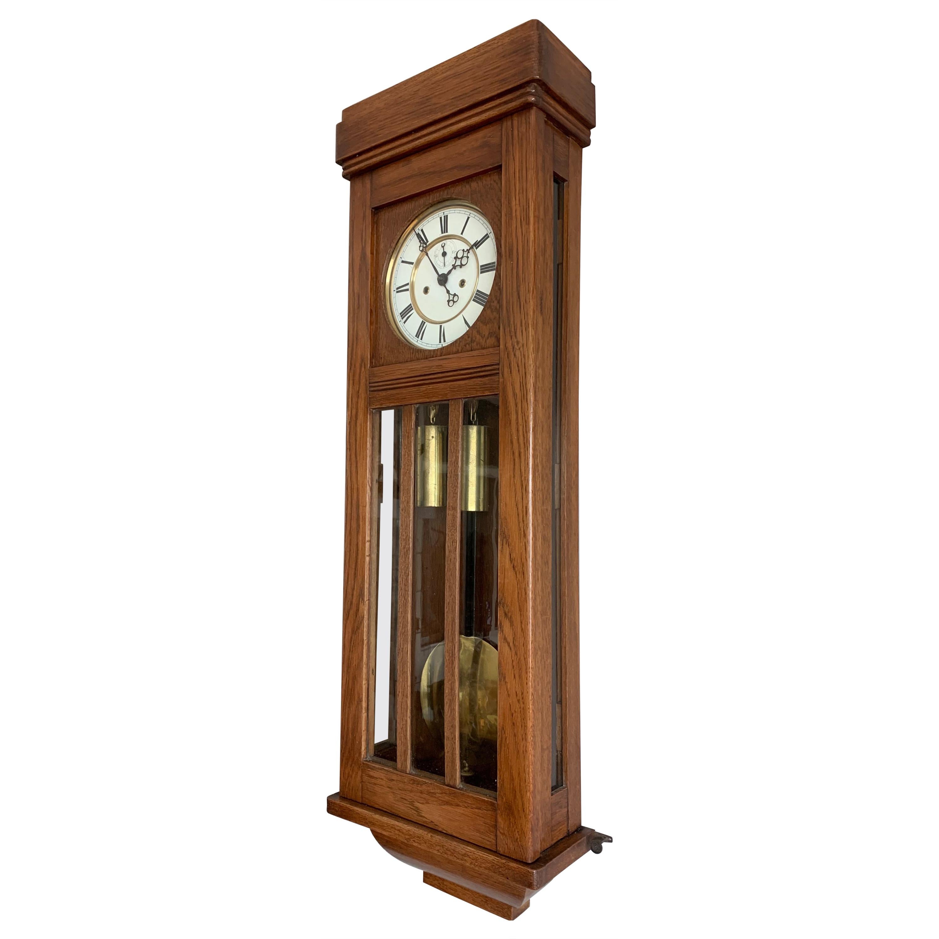 Beautiful and Stylish Arts & Crafts Era Handmade Oak Vienna Regulator Wall Clock