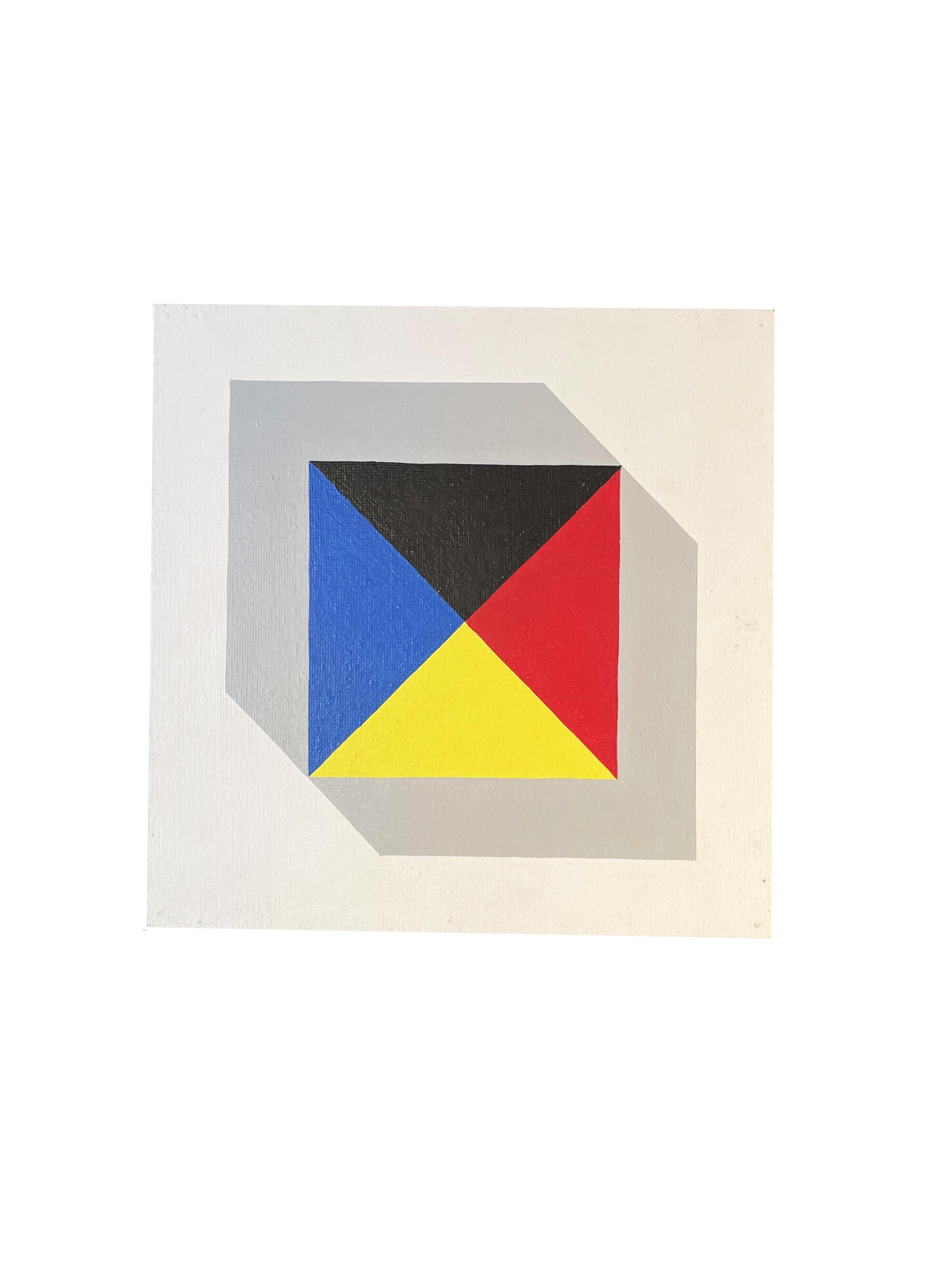 Beautiful suite of 11 paintings by Bernard Beraud, 1988, France.
This suite of paintings with geometric shapes and primary colors is composed of a series of 9 paintings of 21 x 21 cm.
We also find in this one a painting of 31 x 31 cm and a large