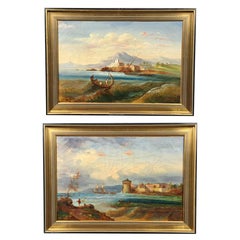 Antique Beautiful Suite of 2 Oils on Canvas, Seaside Landscapes, Signed and Dated 1860