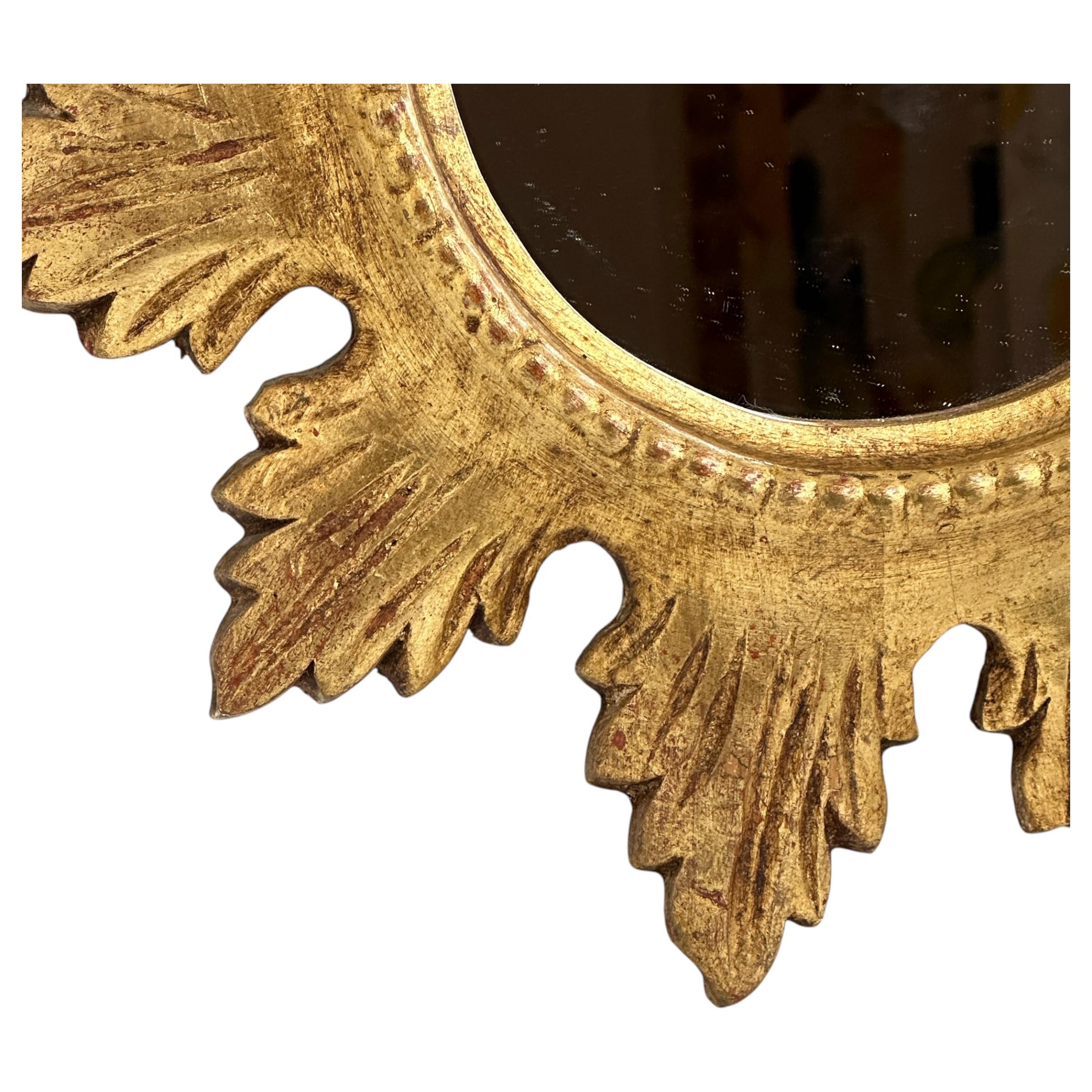 Hollywood Regency Beautiful Sunburst Starburst Gilt Wood Flat Mirror, German Toleware, 1930s For Sale