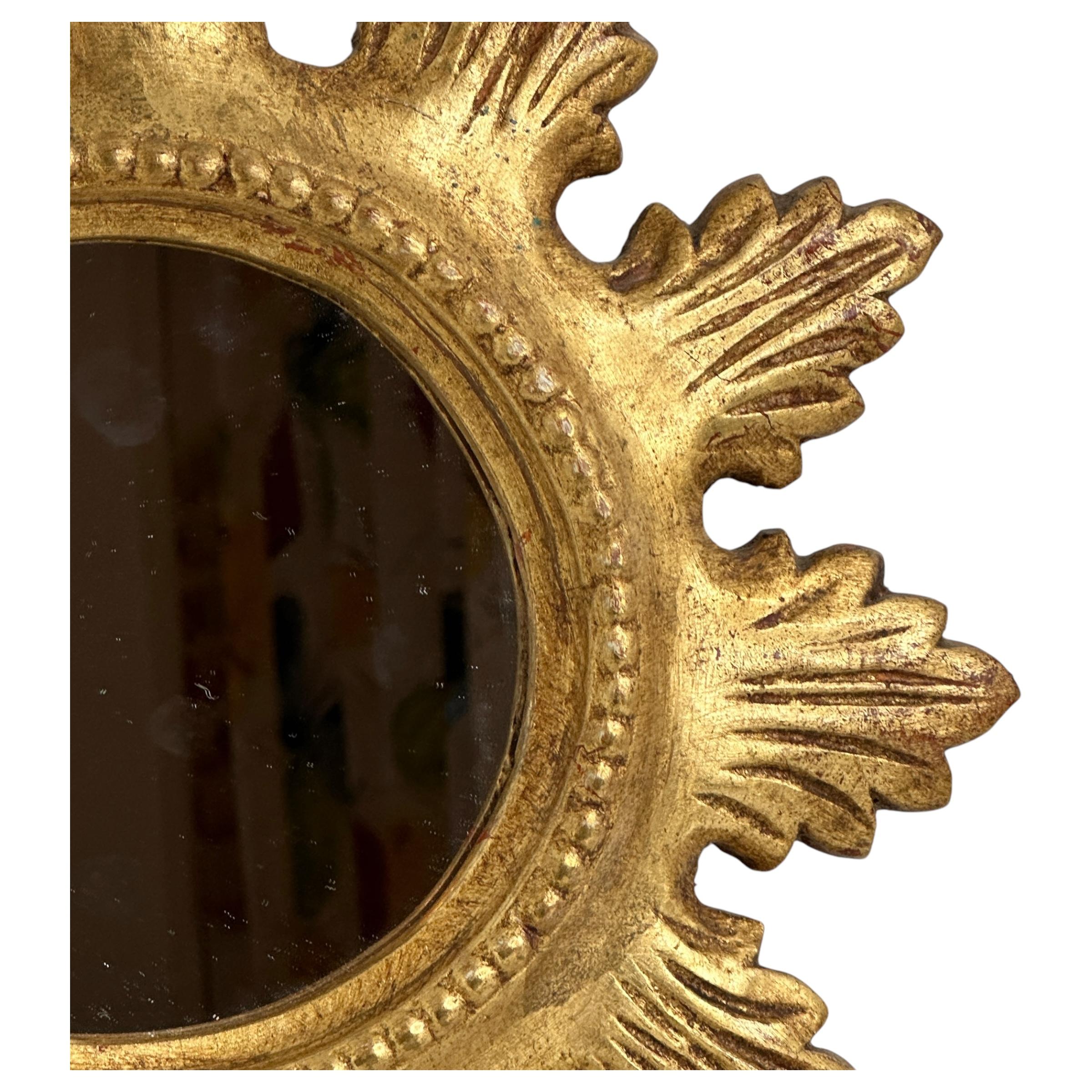 Late 20th Century Beautiful Sunburst Starburst Gilt Wood Flat Mirror, German Toleware, 1930s For Sale