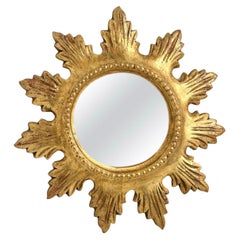 Beautiful Sunburst Starburst Gilt Wood Flat Mirror, German Toleware, 1930s