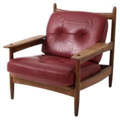 Beautiful Swedish brutalist Red Leather Oak frame low lounge chair