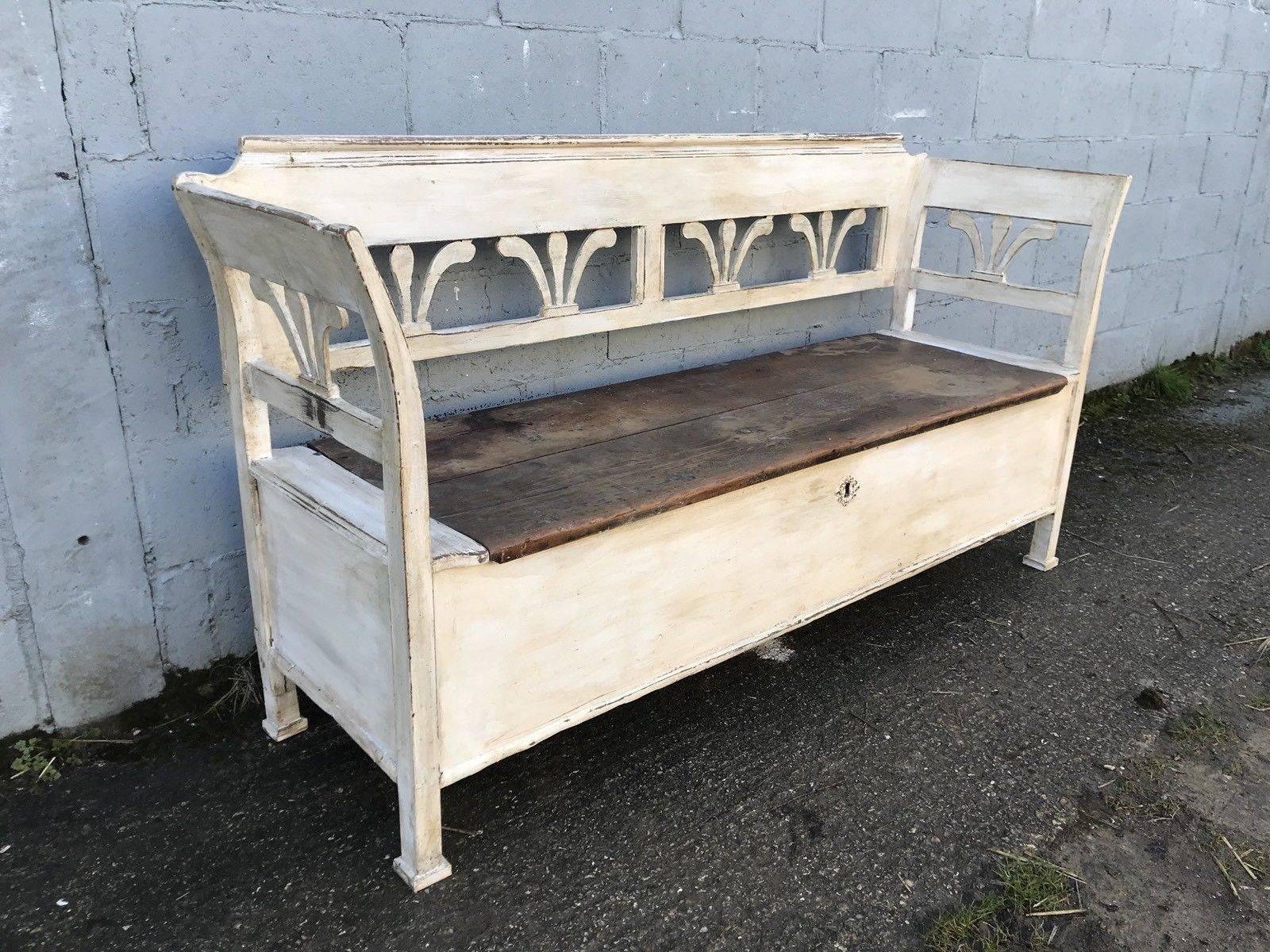 19th Century Beautiful Swedish Painted Bench/Settle, Storage Box, Painted For Sale