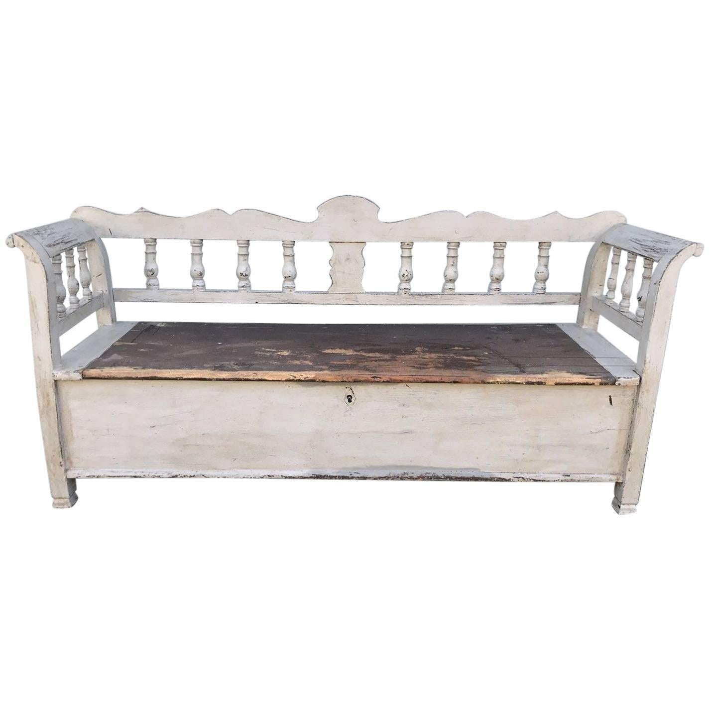 Beautiful Swedish Painted Bench/Settle, Storage Box, Painted For Sale