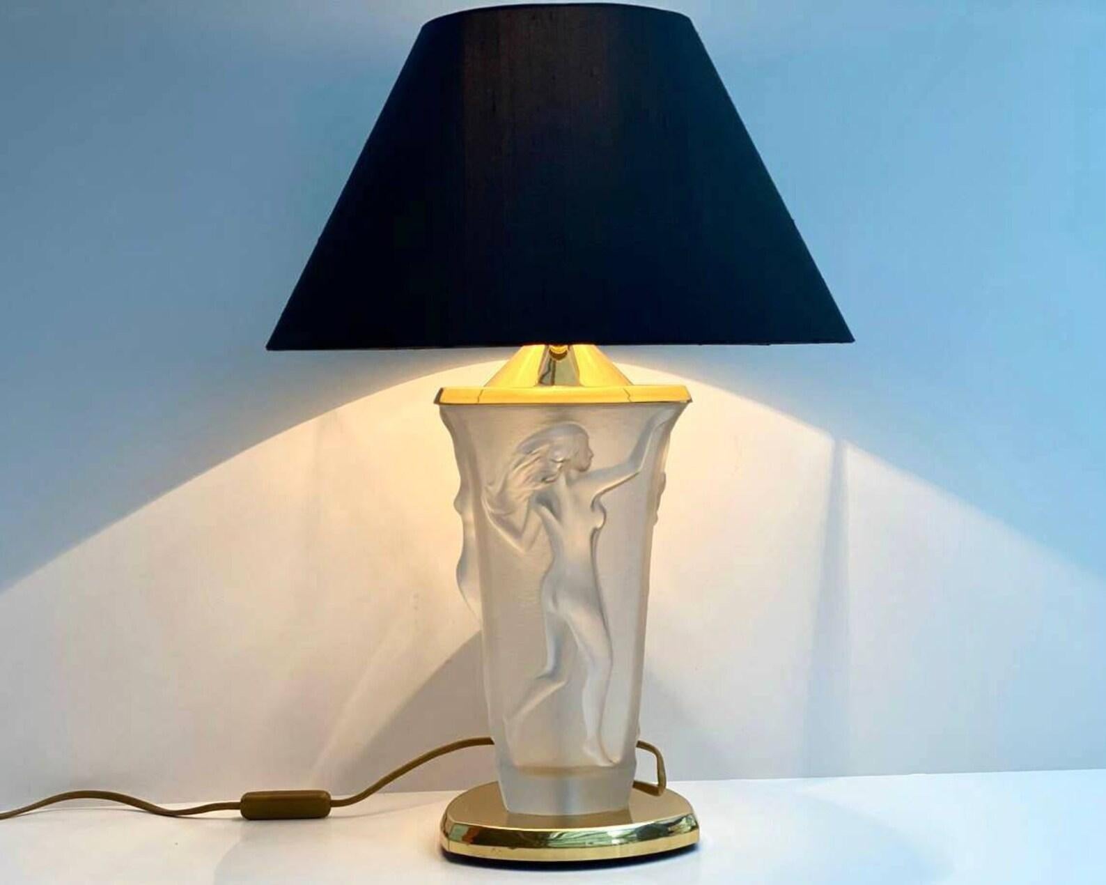 Brass Beautiful Table Lamp with Three Embossed Graces on the Opaque Glass, Vintage For Sale