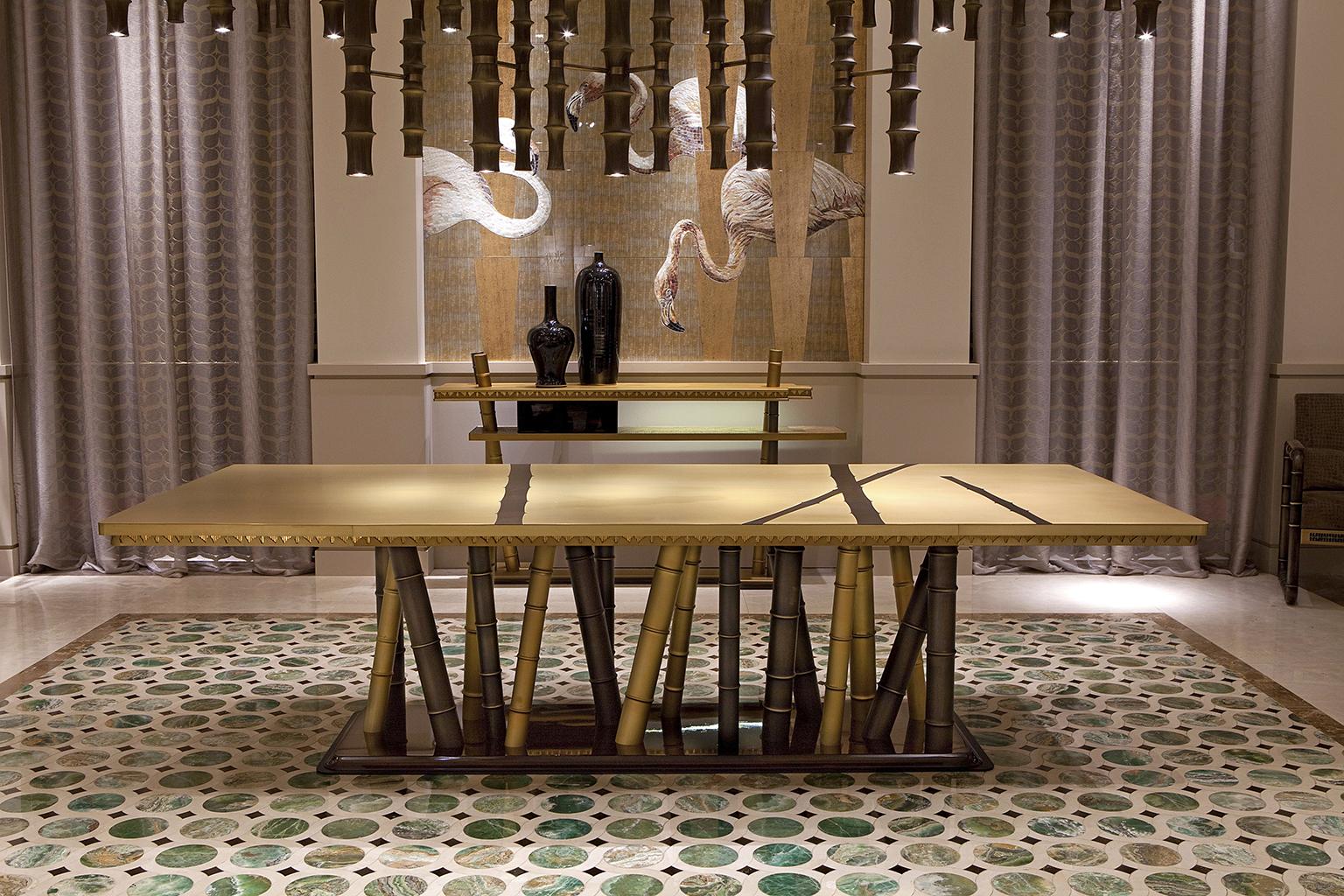 Italian Beautiful Table with 2 Tones Bronze Brass Top Decorative Mosaic Ebony Base For Sale