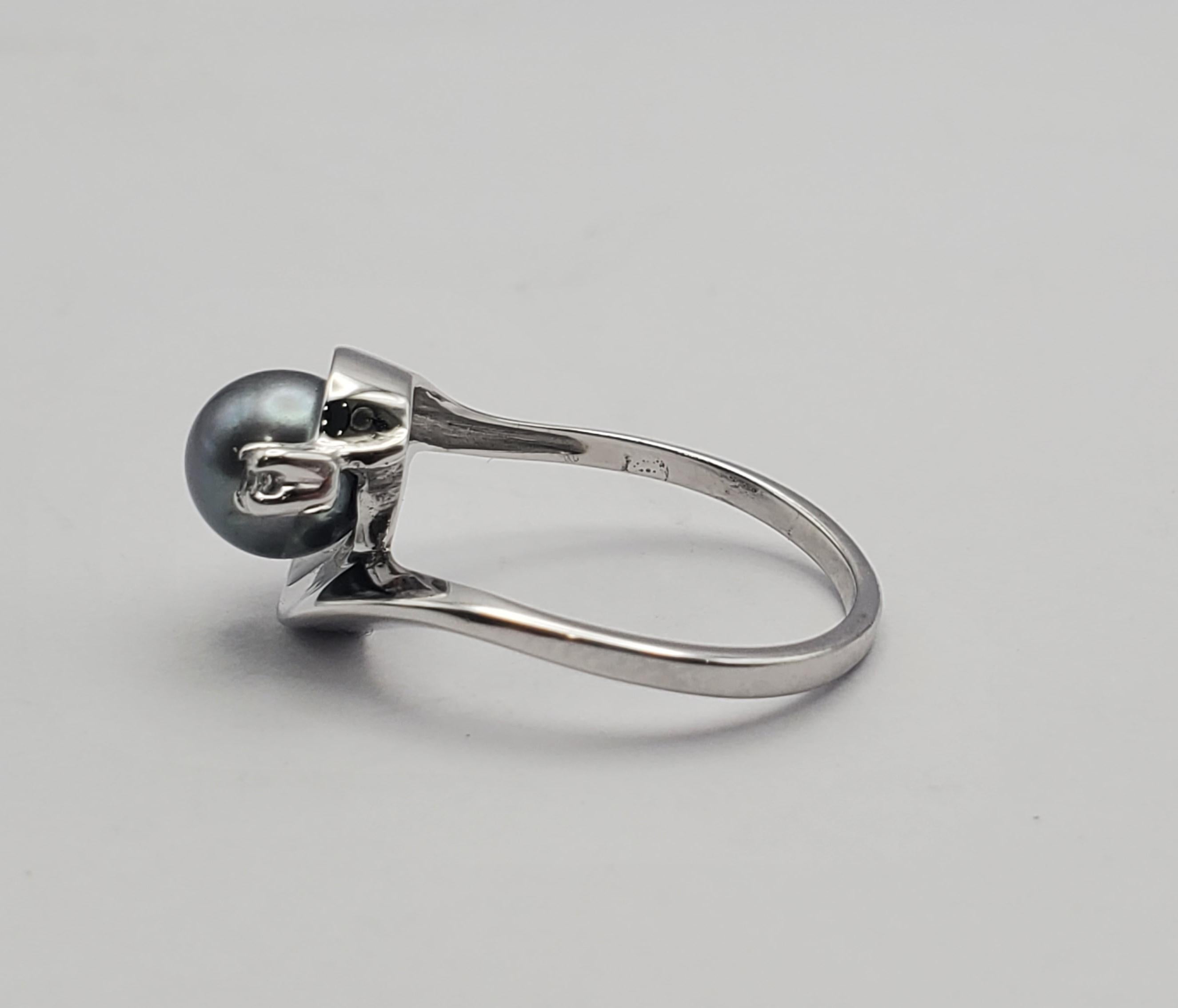 Women's or Men's Beautiful Tahitian Pearl and Diamond Bypass Ring For Sale