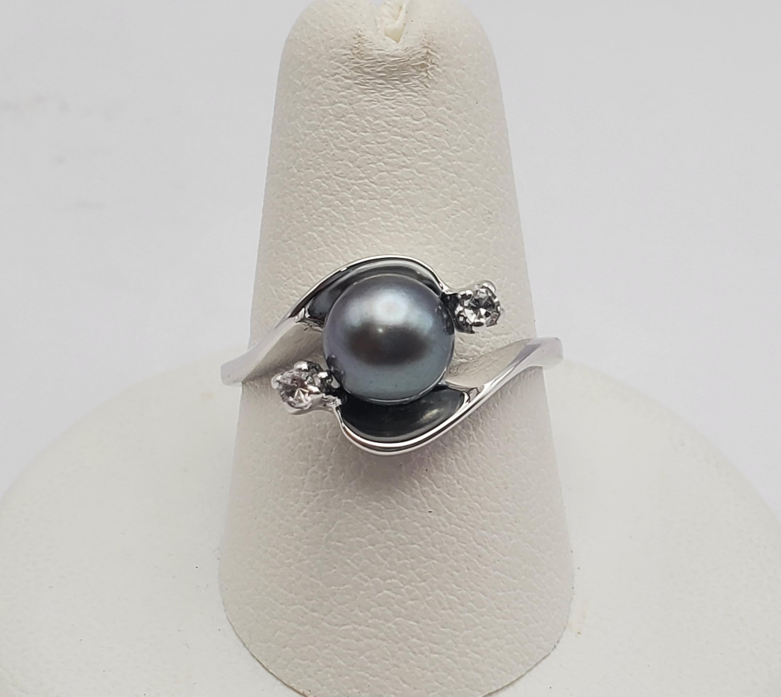Beautiful Tahitian Pearl and Diamond Bypass Ring For Sale 3
