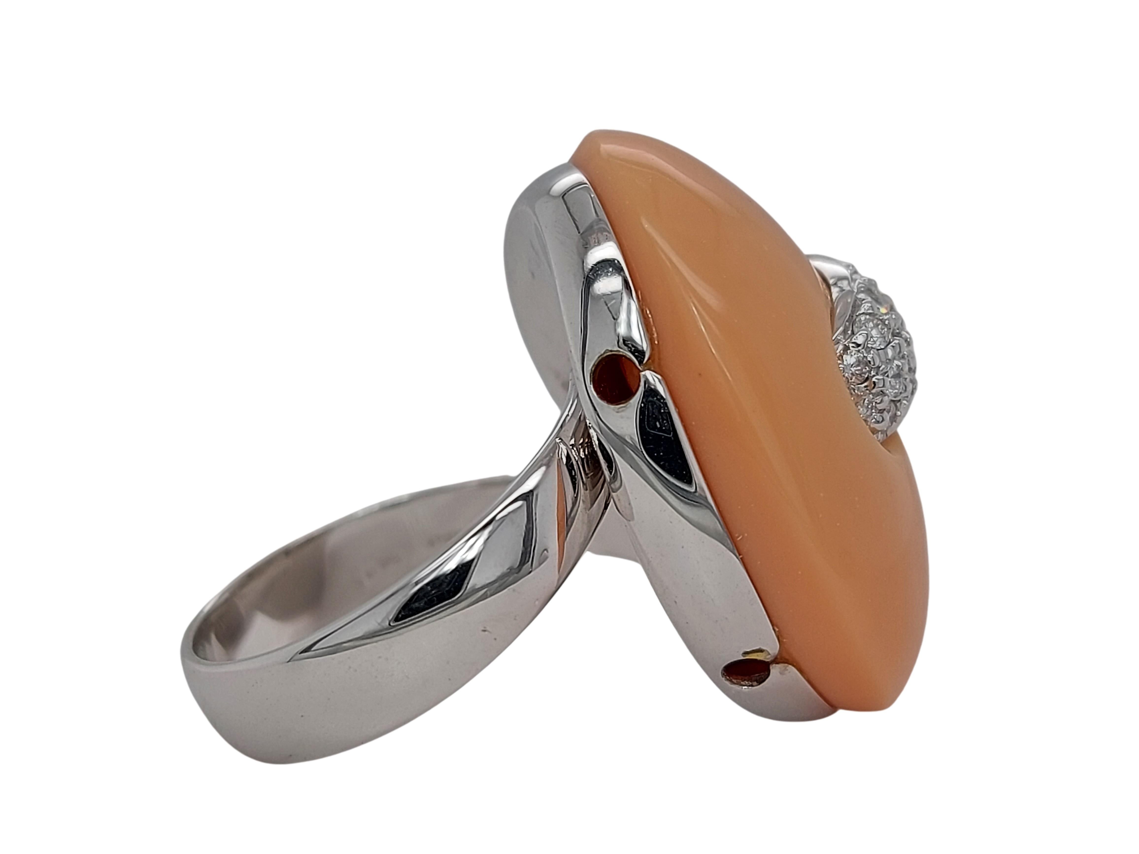 Artisan Beautiful Talento Italiano Ring with Big Coral Natural Stone & Diamonds For Sale