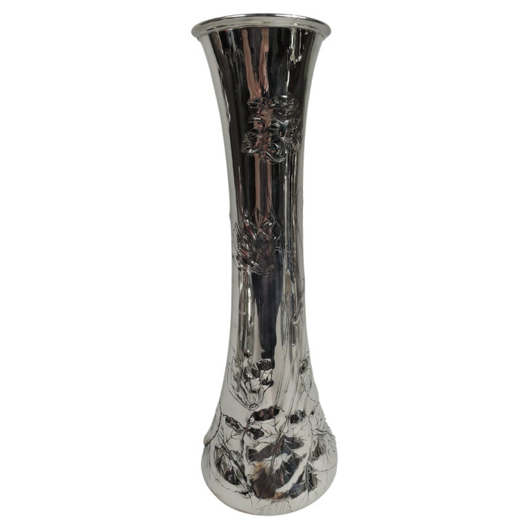 Beautiful Tall American Art Nouveau Sterling Silver Vase For Sale