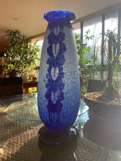 Beautiful Tall Blue Cameo Glass Vase by Charles Schneider "La Verre Francais"