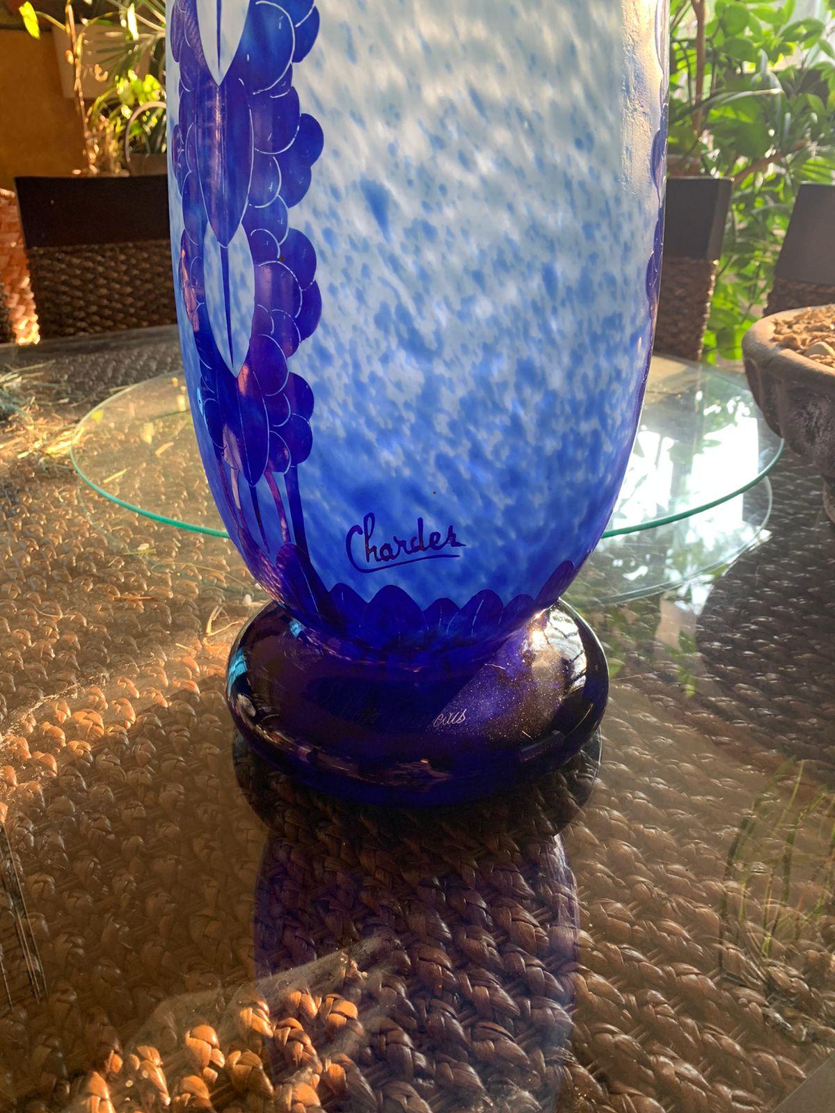 Art Deco Beautiful Tall Blue Cameo Glass Vase by Charles Schneider 