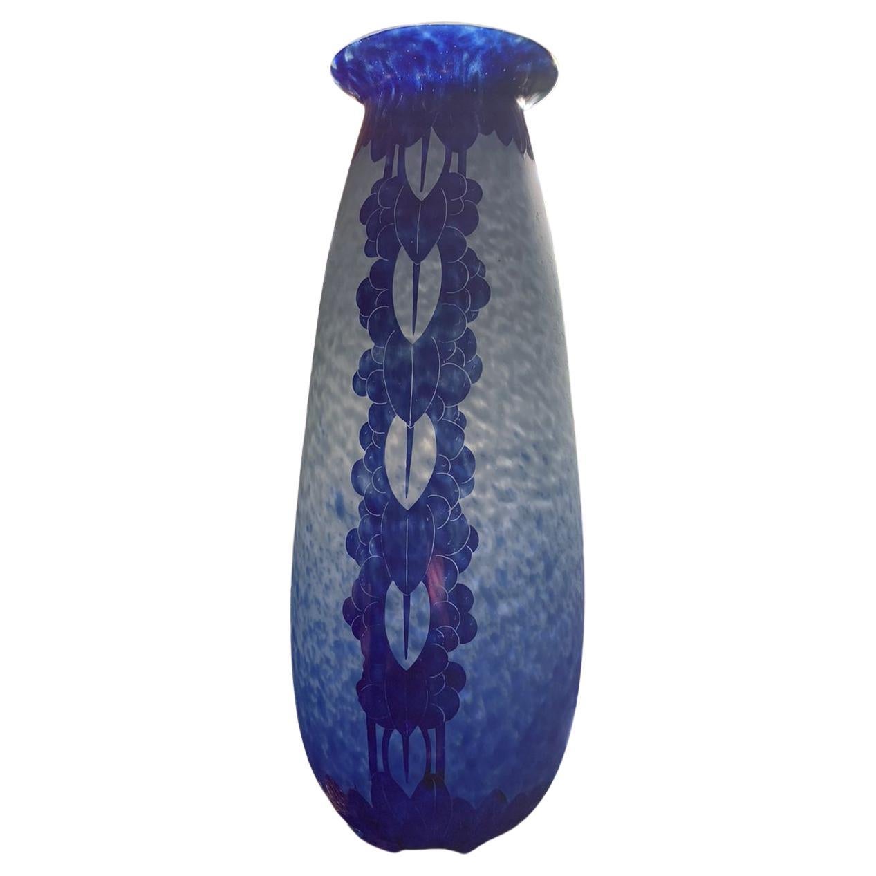 Beautiful Tall Blue Cameo Glass Vase by Charles Schneider "La Verre Francais" For Sale