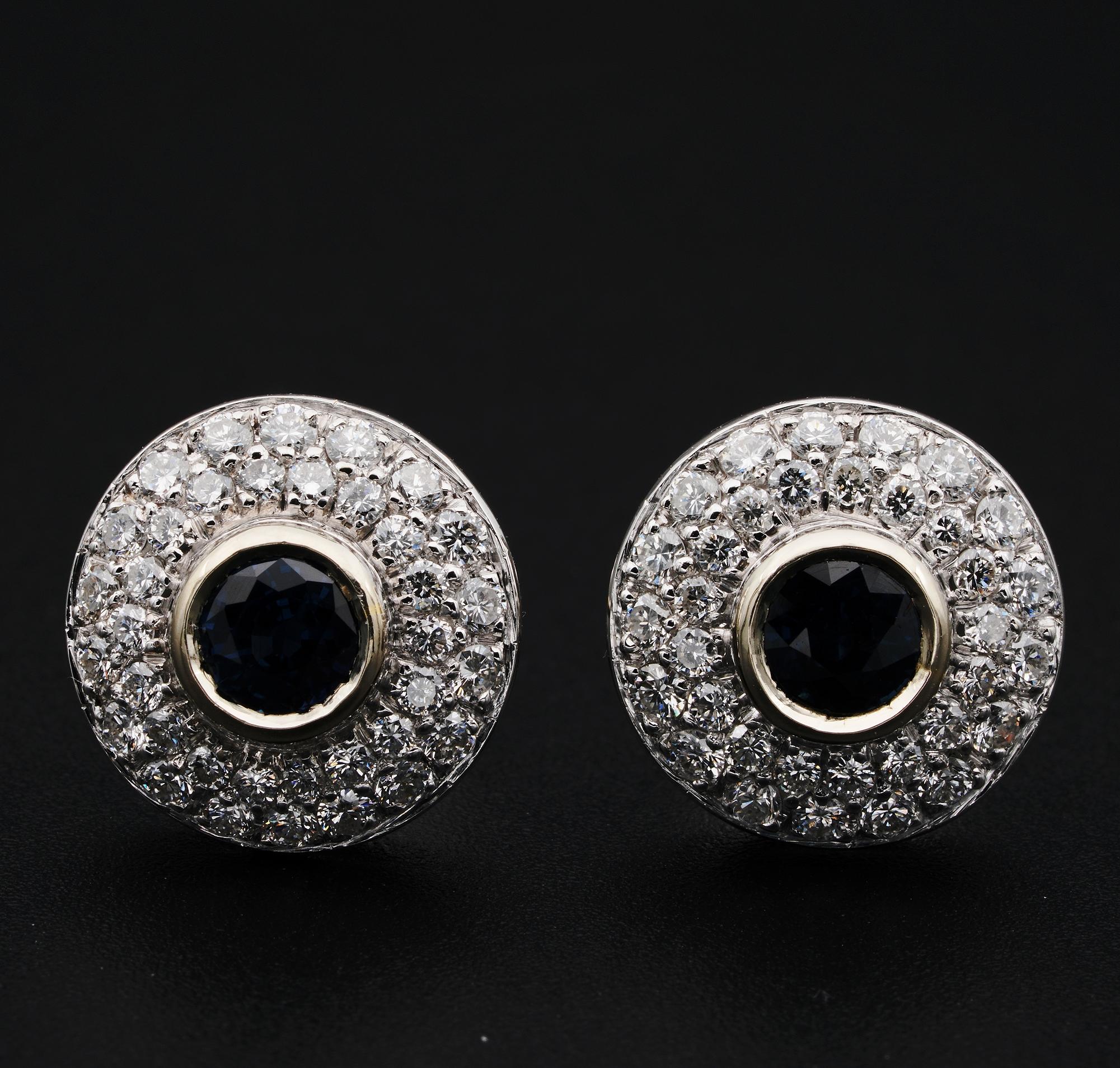 Beautiful Every Day

Charming vintage stud earring, beautiful designed as a target with centre point made of Natural no heat – untreated - Sapphire and rich surround of Diamonds
Mid century – hand crafted as unique pair of solid 18 KT white