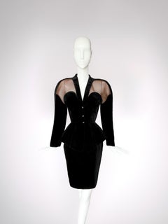 Beautiful Teasing Thierry Mugler Ensemble Black Velvet Mesh Cutout Skirt Suit