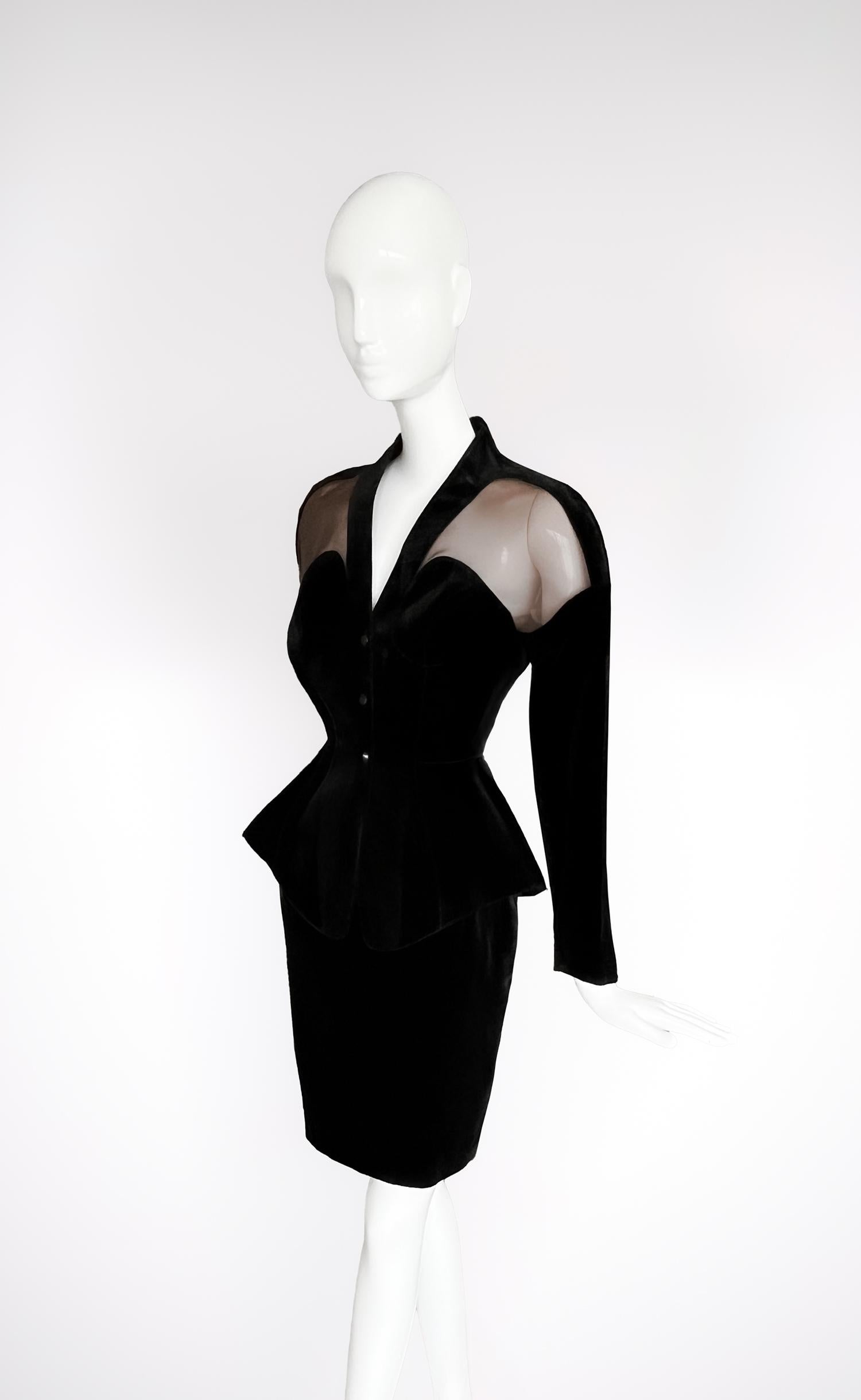 Beautiful Teasing Thierry Mugler Ensemble Black Velvet Mesh Cutout Skirt Suit 1