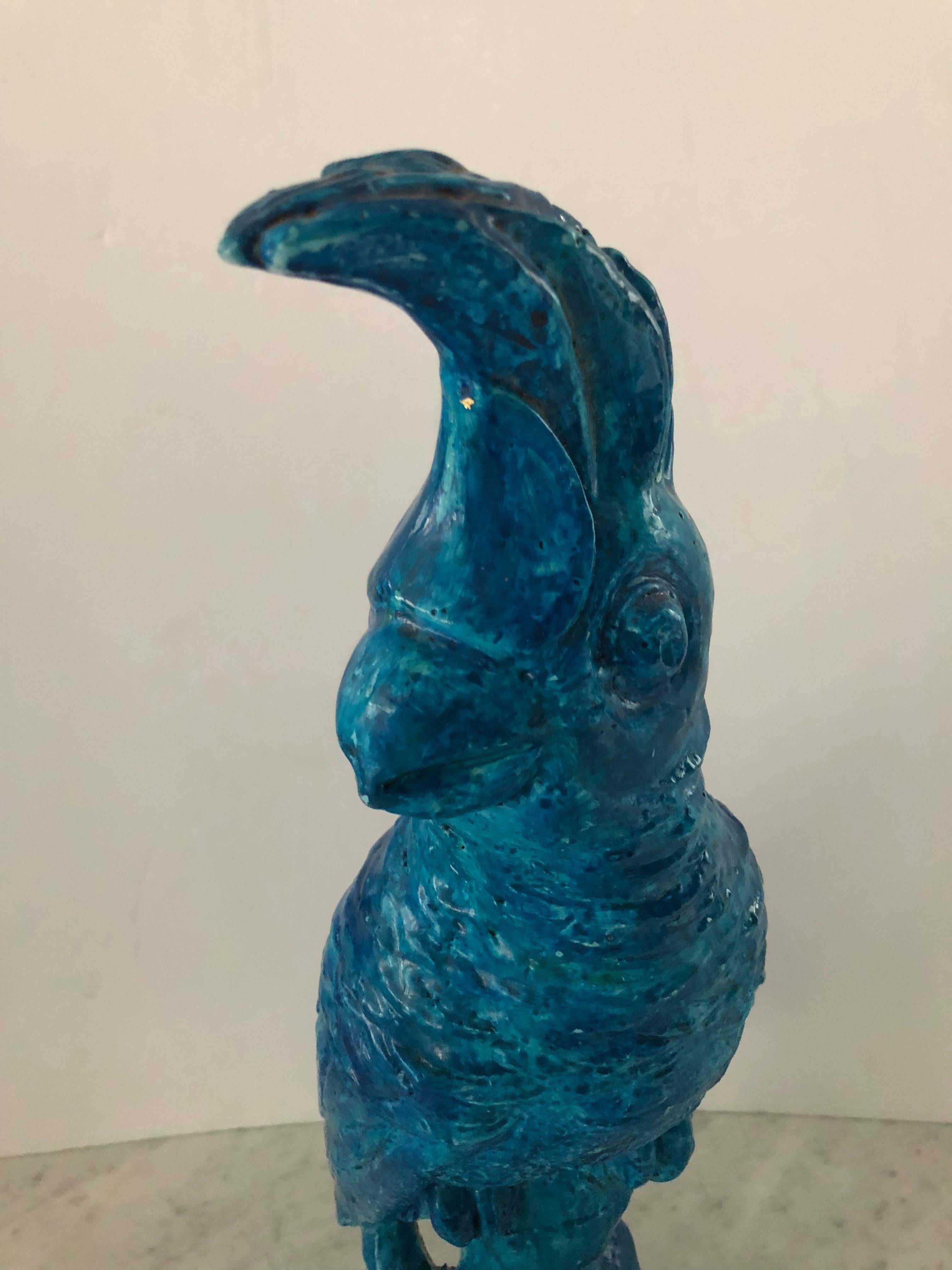 Mid-20th Century Beautiful Terracotta Parrot with Bright Turquoise Glaze